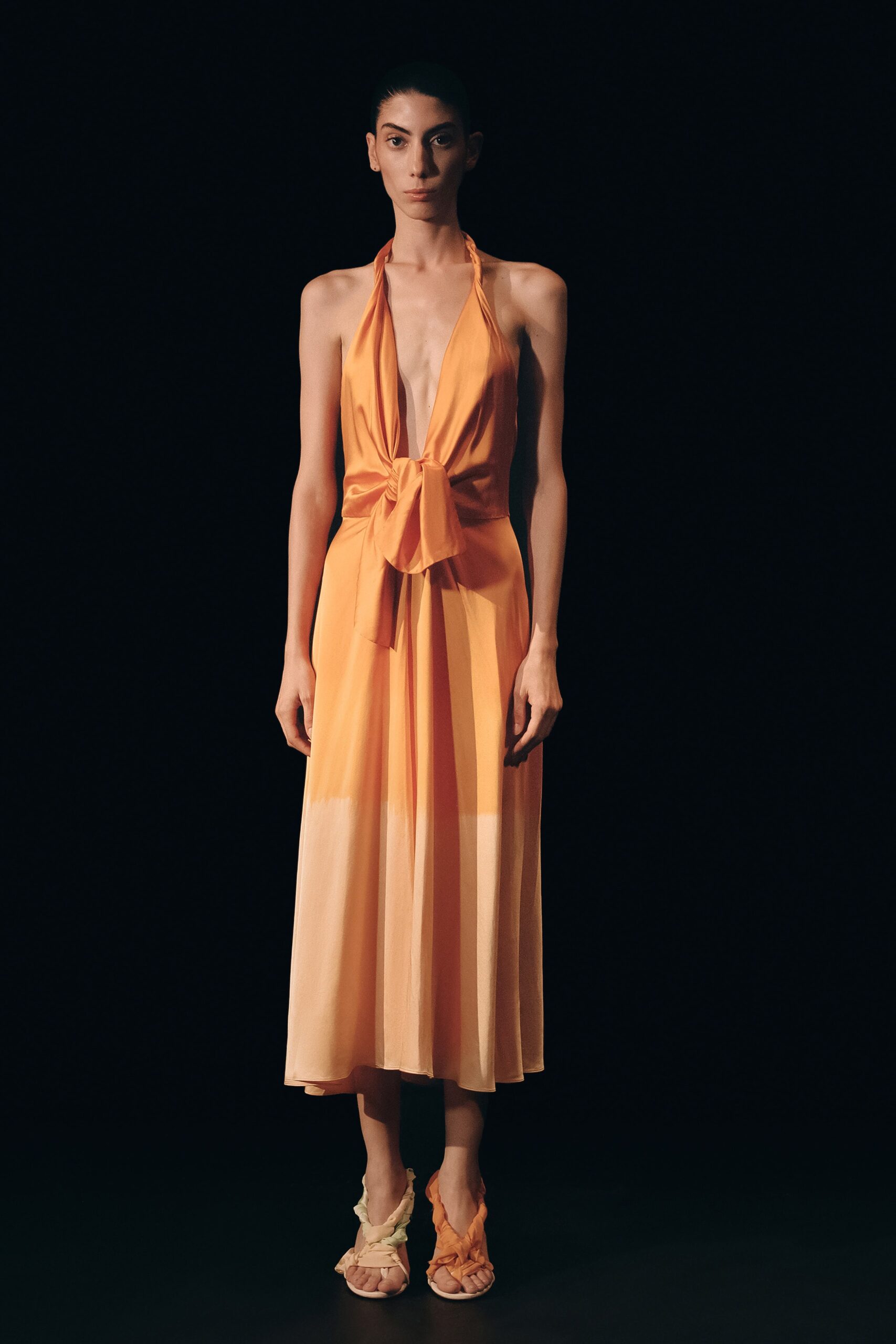 orange yellow silk midi dress