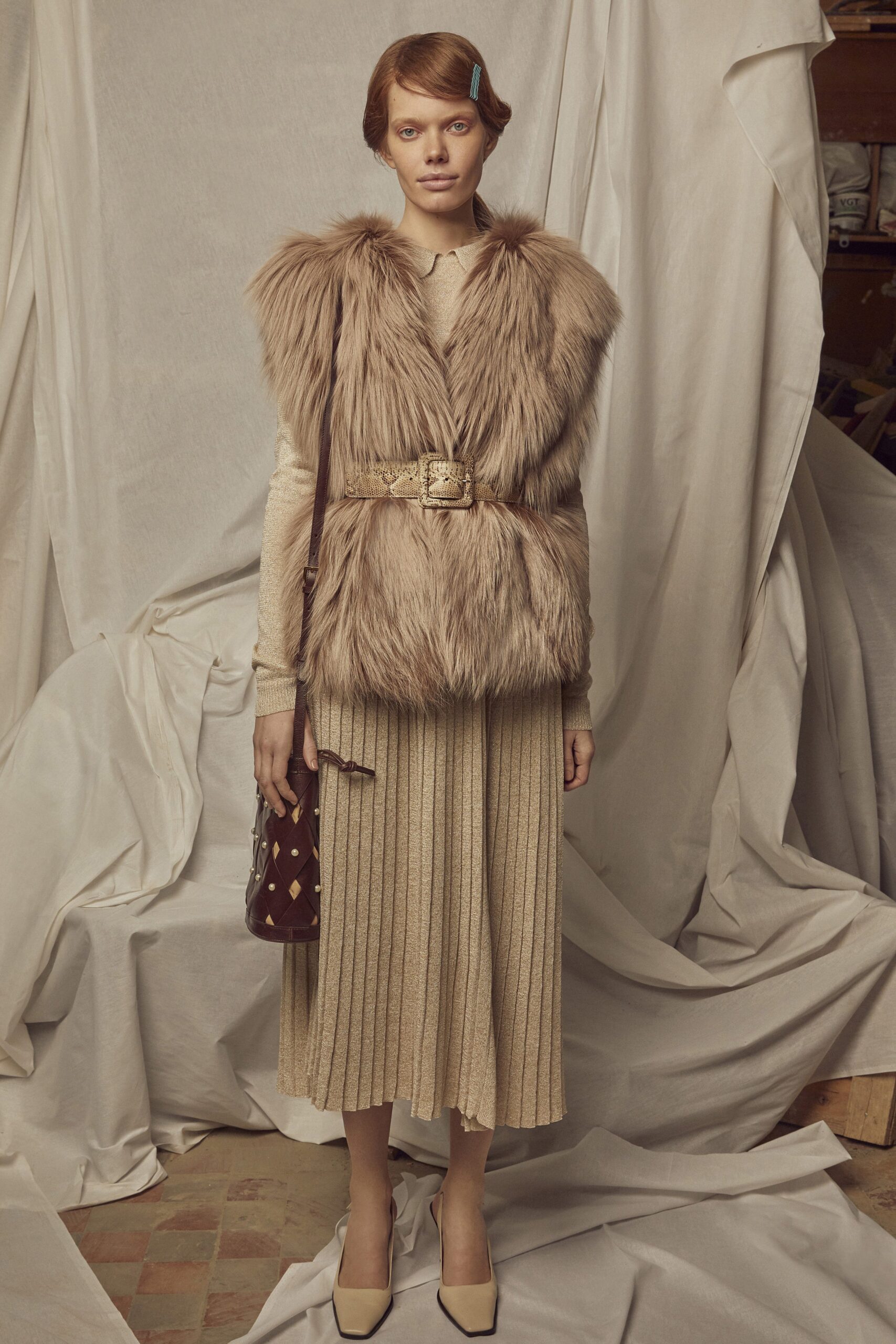 beige knit long-sleeve fitted pleated midi dress