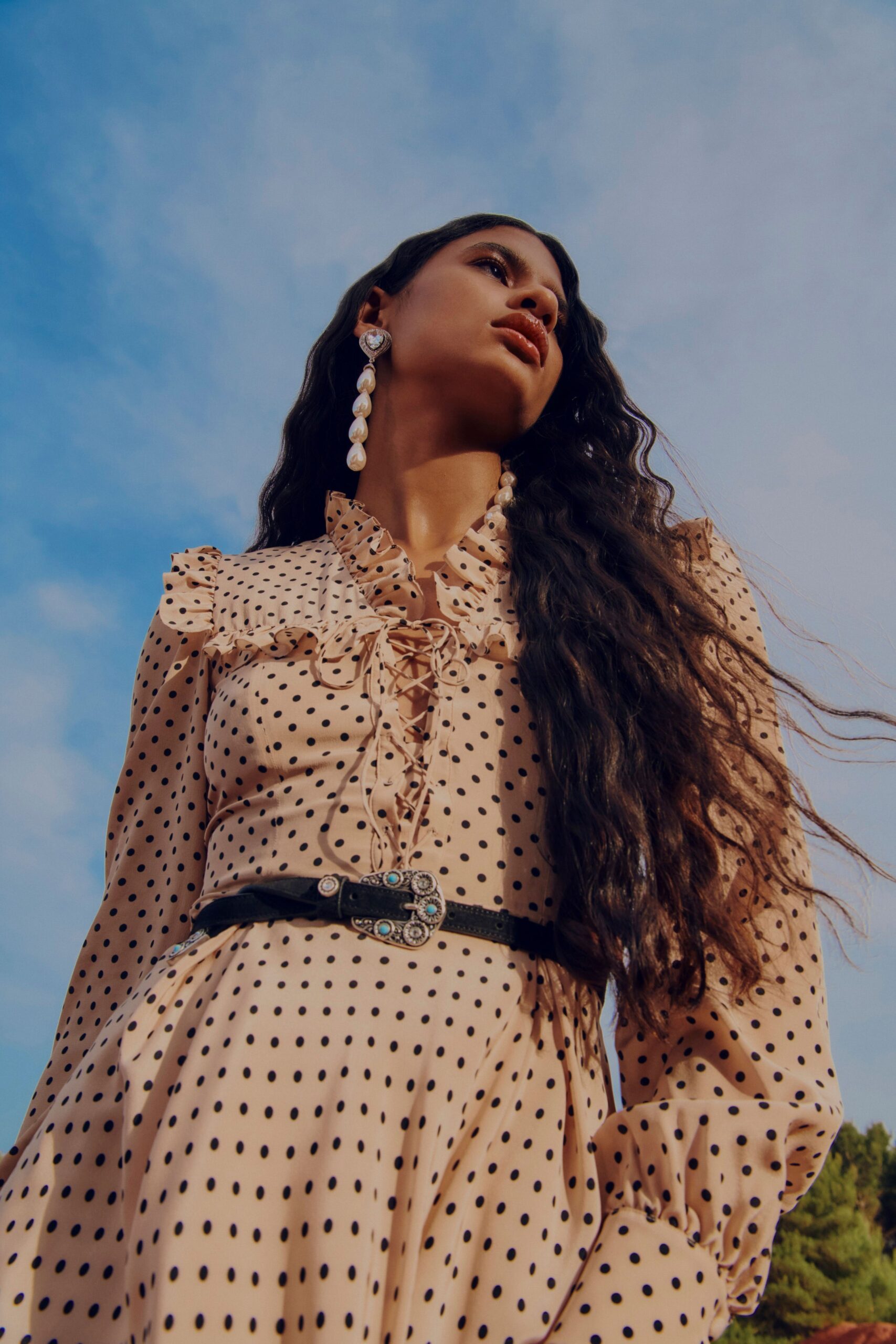 beige silk long-sleeve collared fitted ruffled polka-dot dress