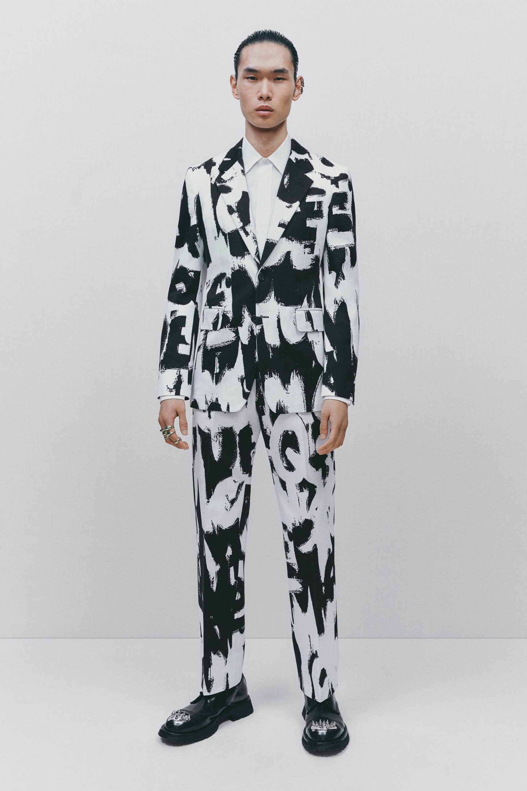 black and white printed suit