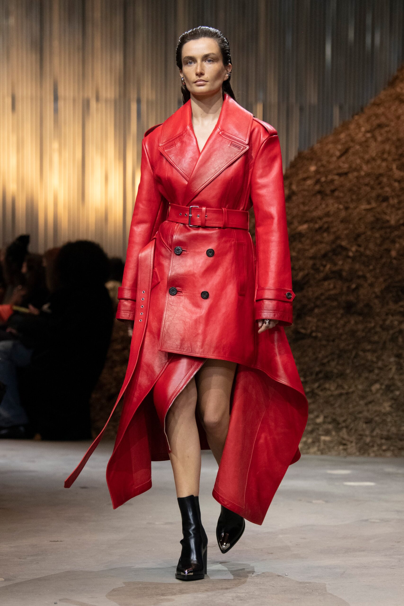 fitted red leather trench coat