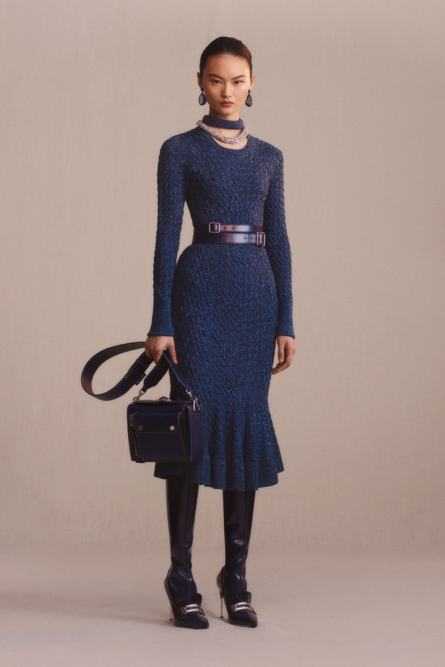 fitted blue knit midi dress