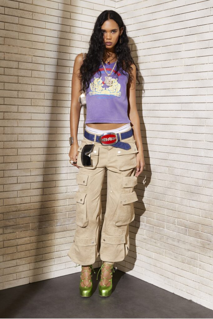 purple tank-top with cargo pants