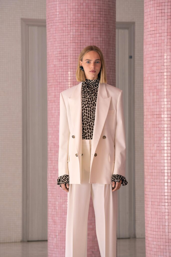 tailored white suit with printed top