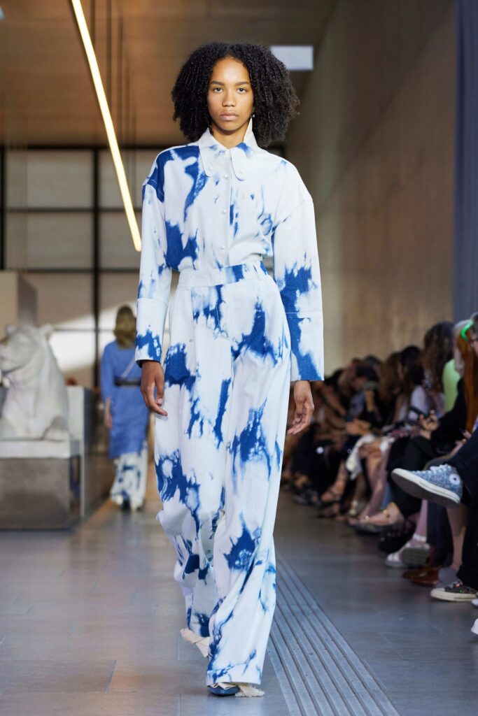 A long-sleeve blue and white buttoned dress with a flowing silhouette.