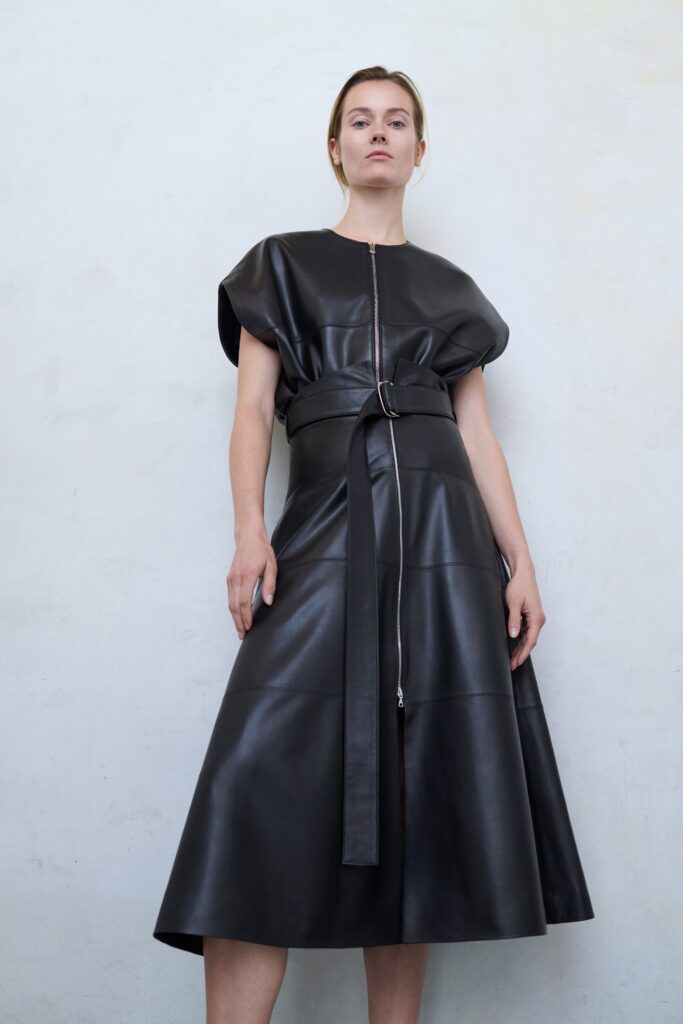 A fitted black leather dress with short sleeves, a V-neckline, and an A-line silhouette.