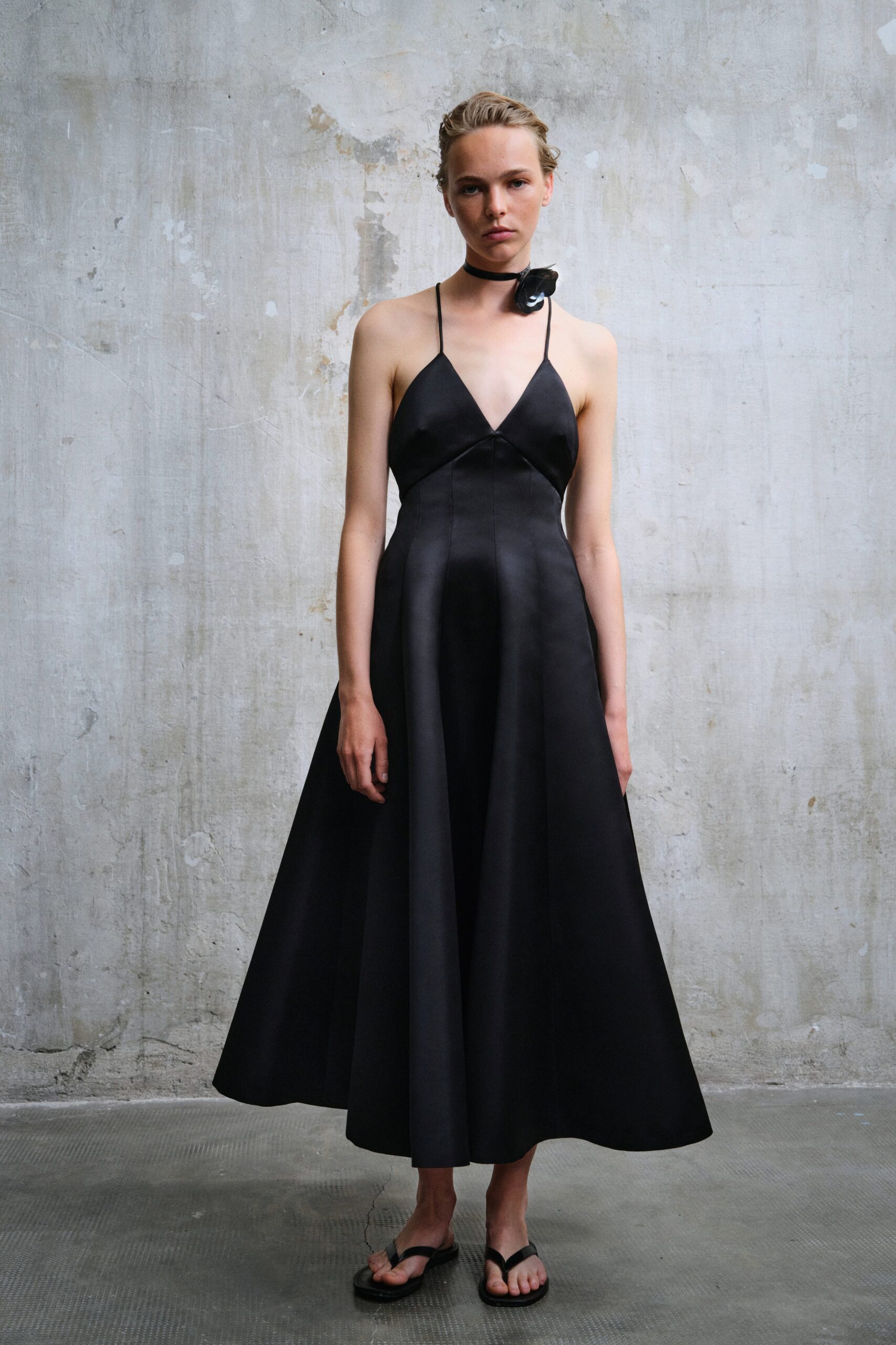 black silk sleeveless midi dress