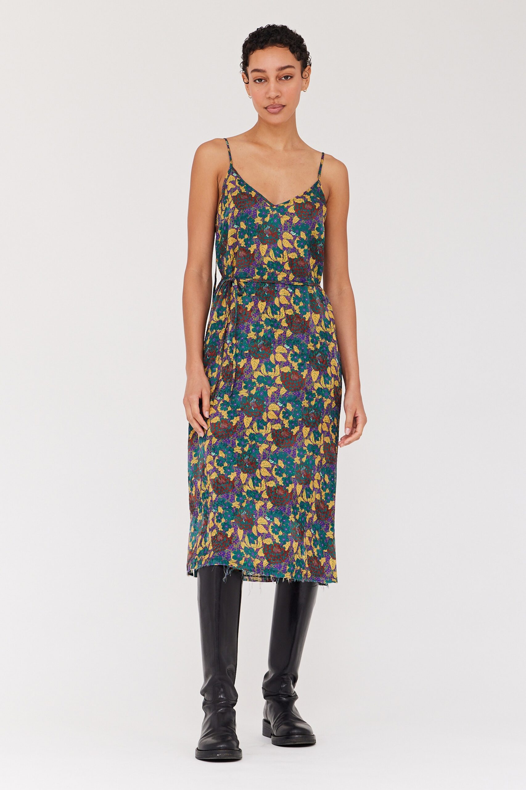 A relaxed multicolor floral dress with a V-neckline and sleeveless design.