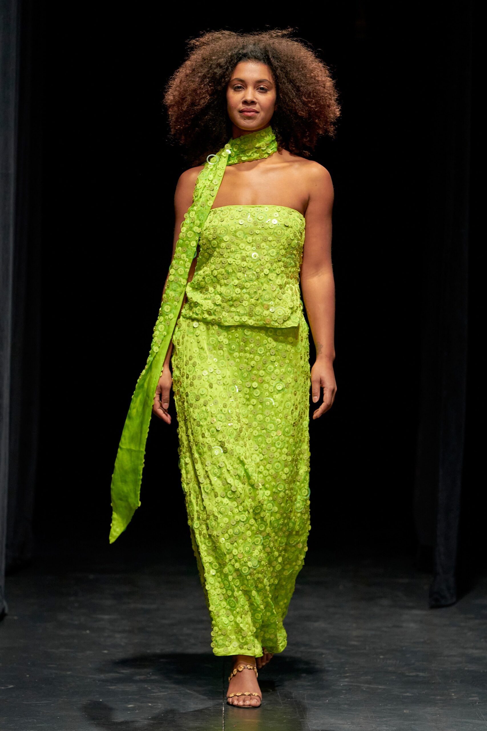 green sequined strapless gown
