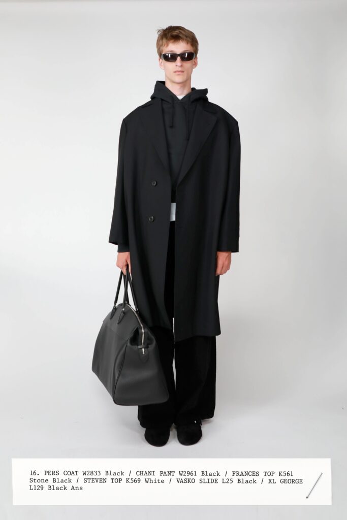 A relaxed black coat paired with straight-leg black pants, featuring a collared design.