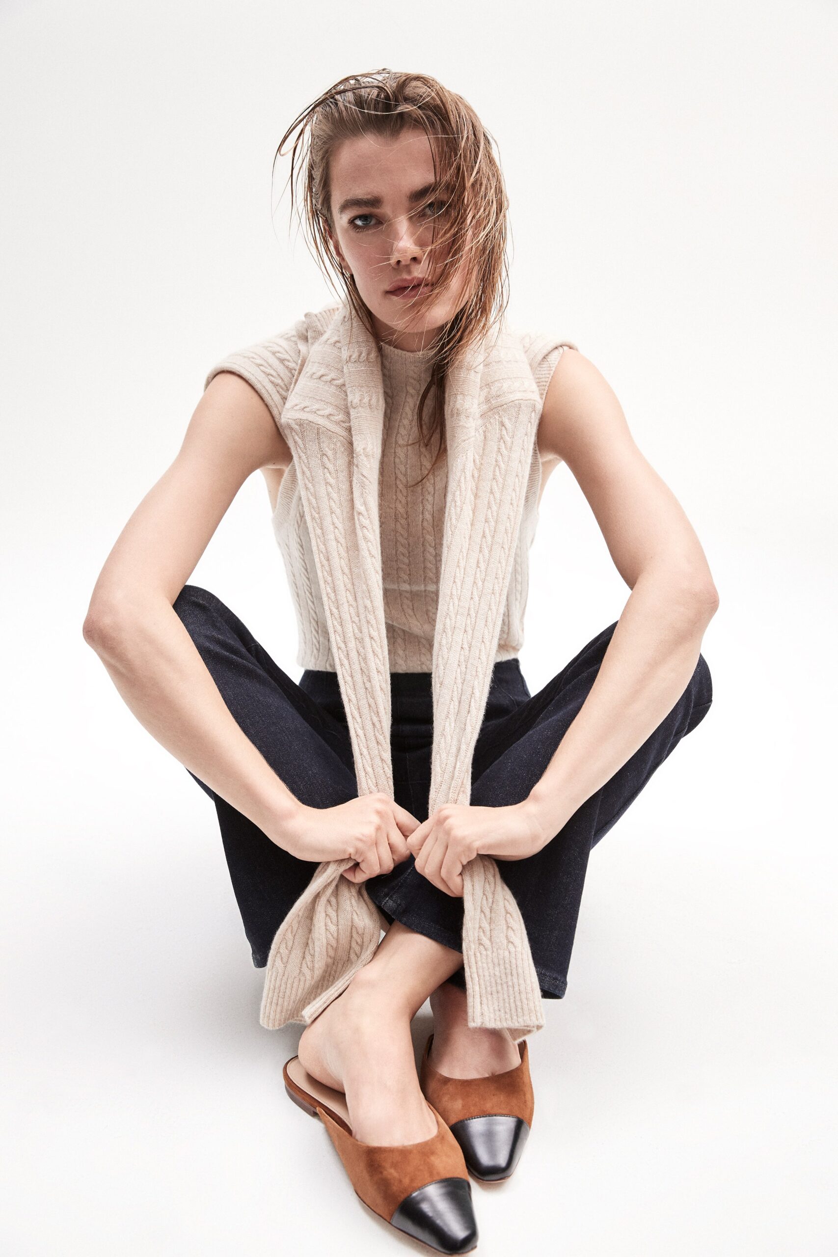 beige wool fitted top and vest