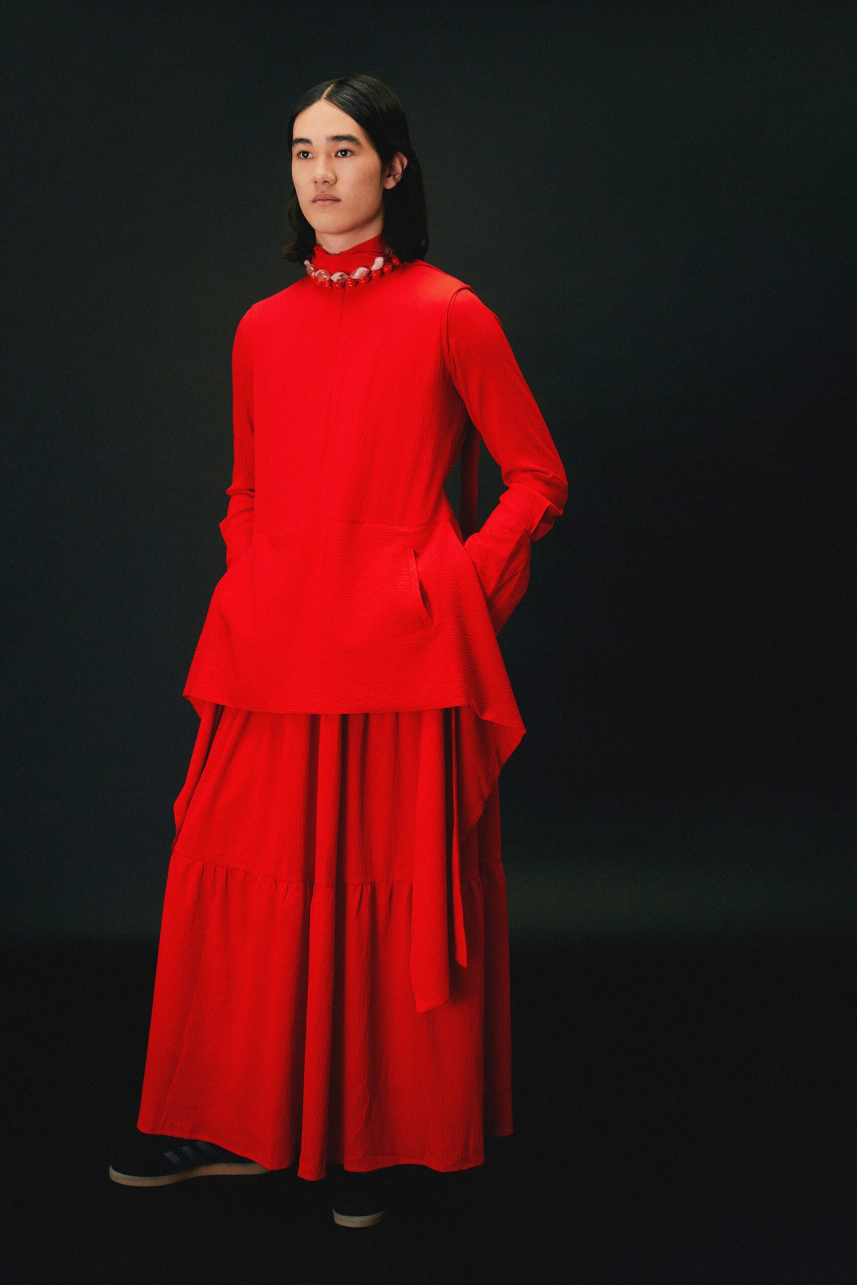 red relaxed long-sleeve dress