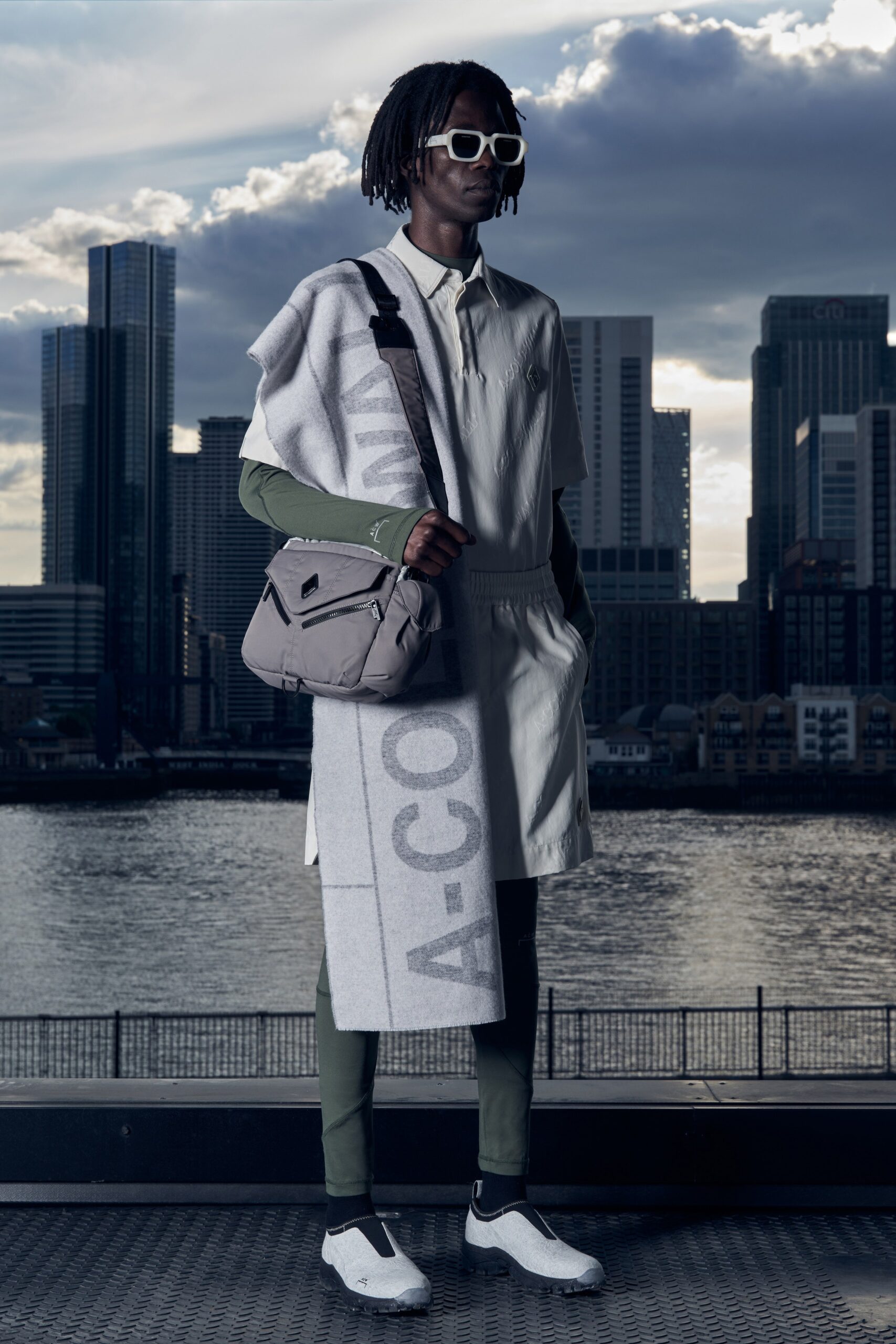 white shirt-dress with green pants