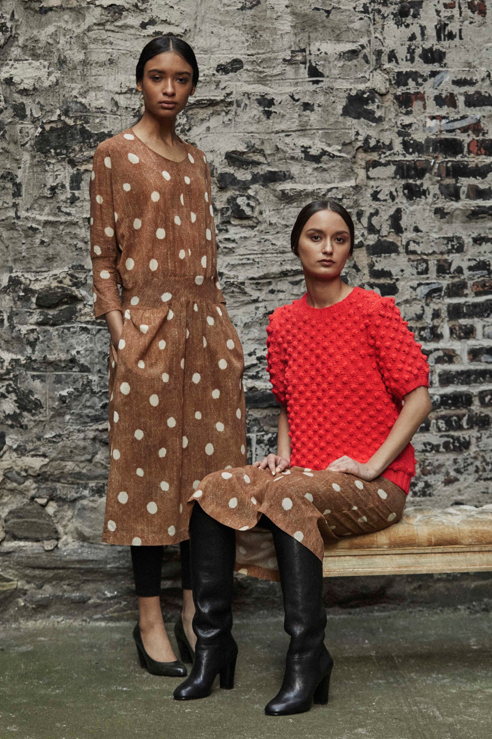 brown polka-dot dress and red textured top