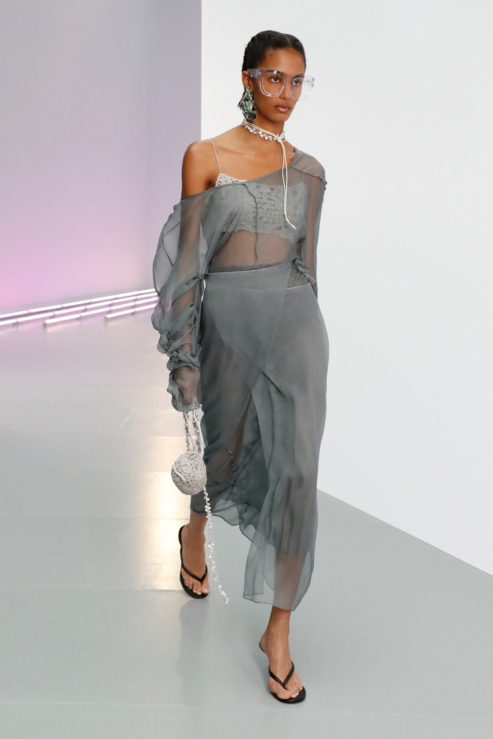 gray sheer off-shoulder dress