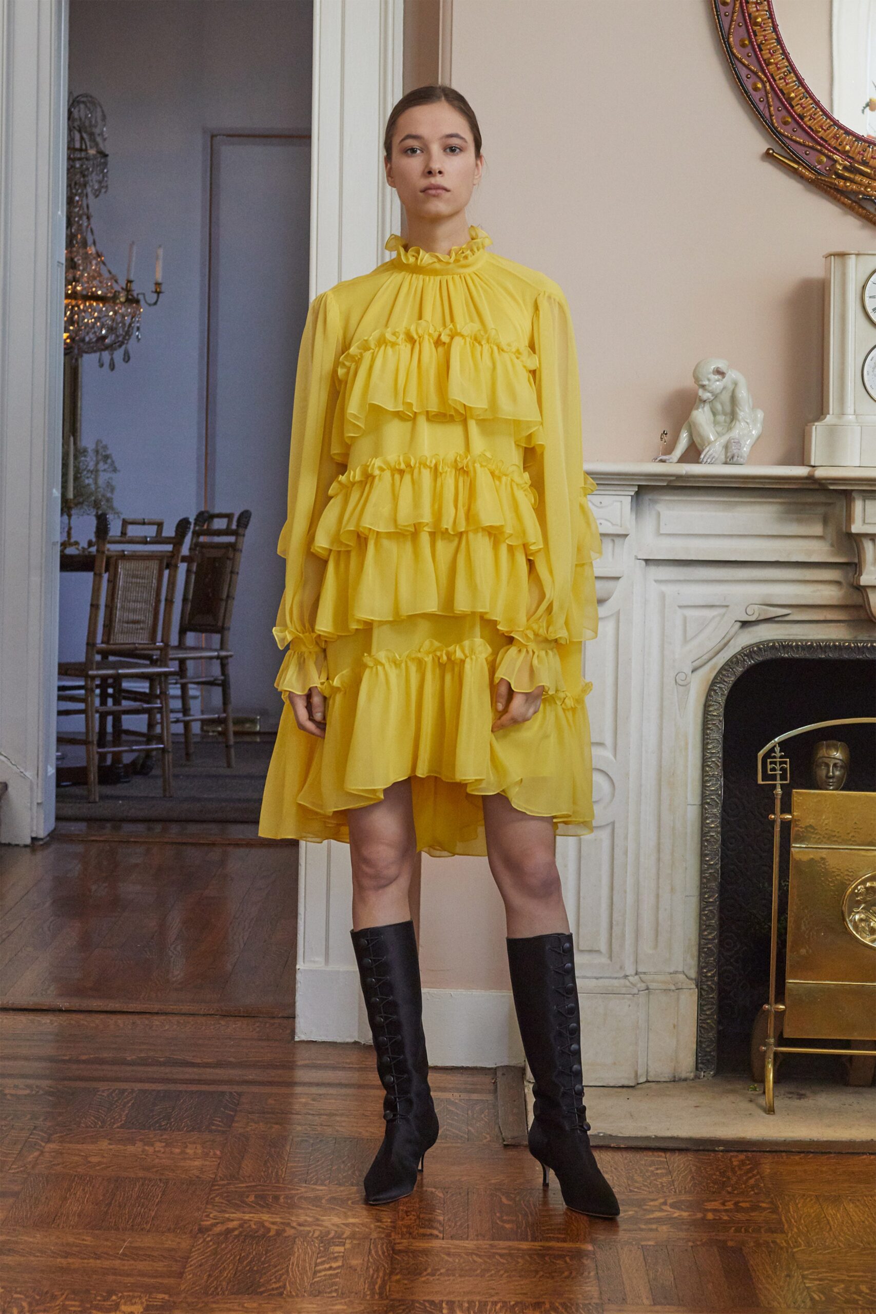yellow chiffon long-sleeve high-neck fitted ruffled tiered dress
