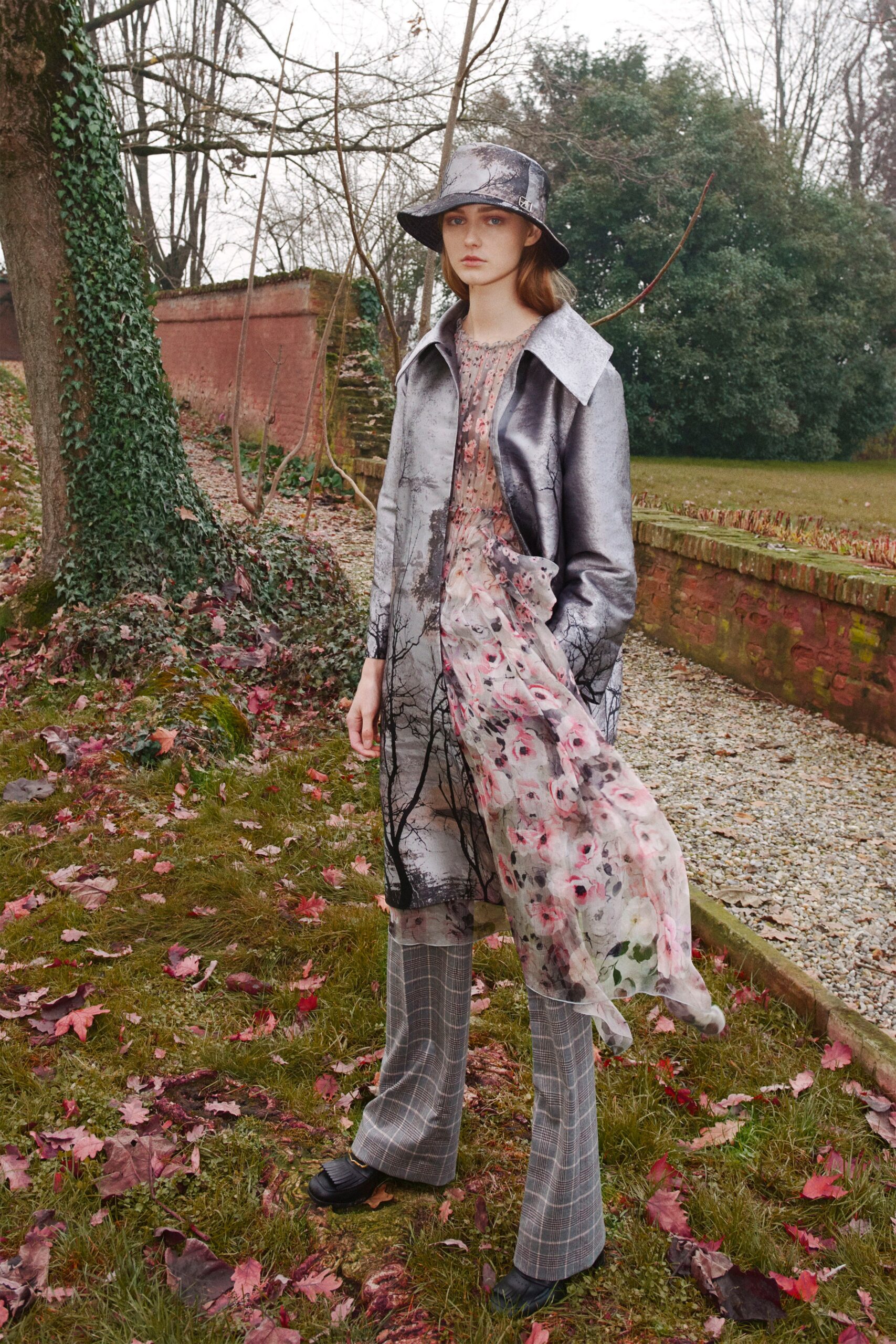 gray coat pink midi dress