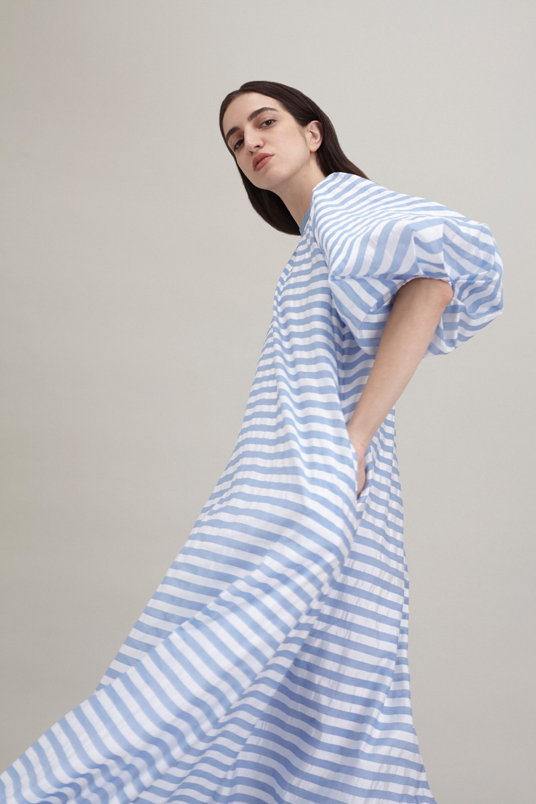 blue and white striped maxi dress