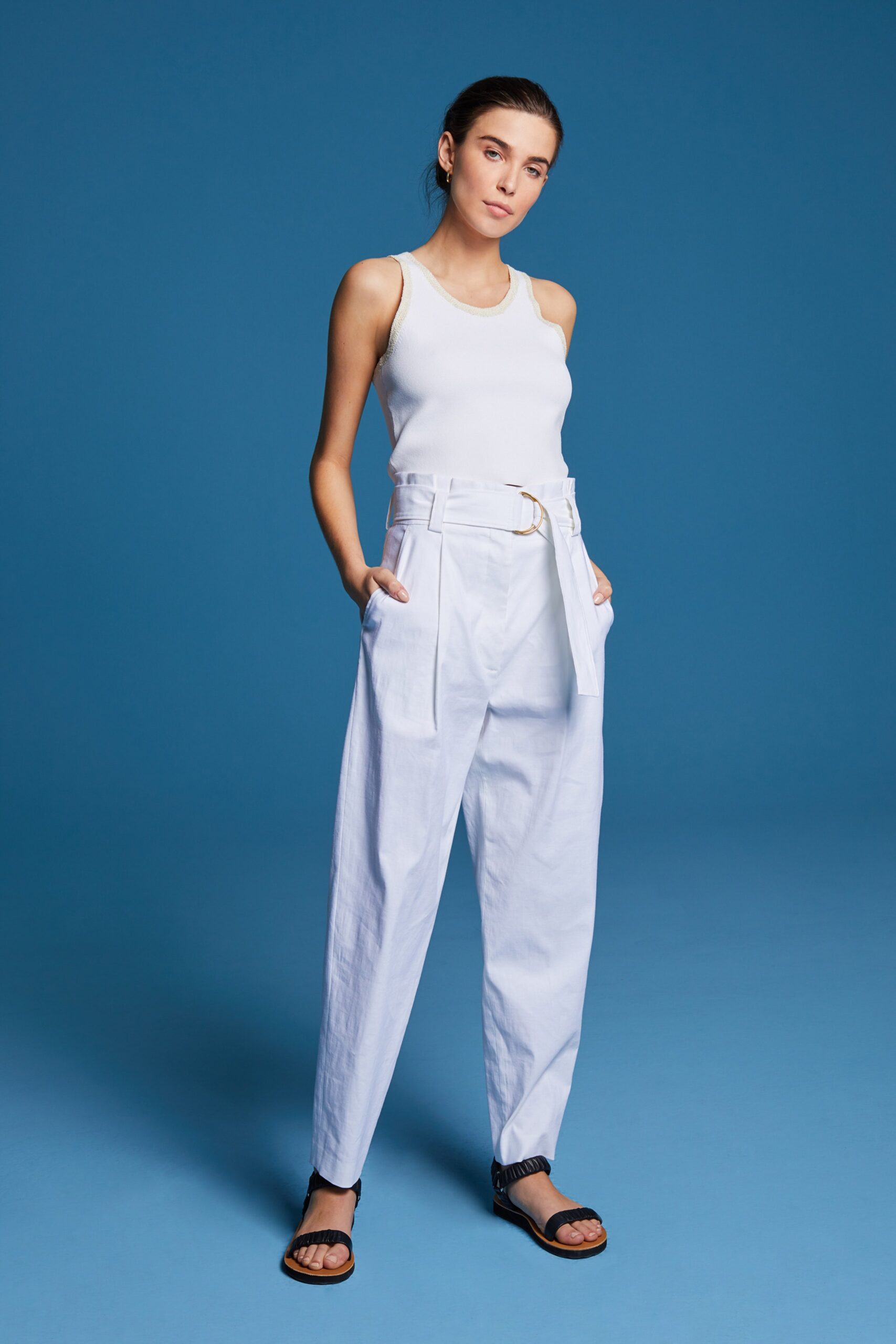 white tank-top with relaxed pants