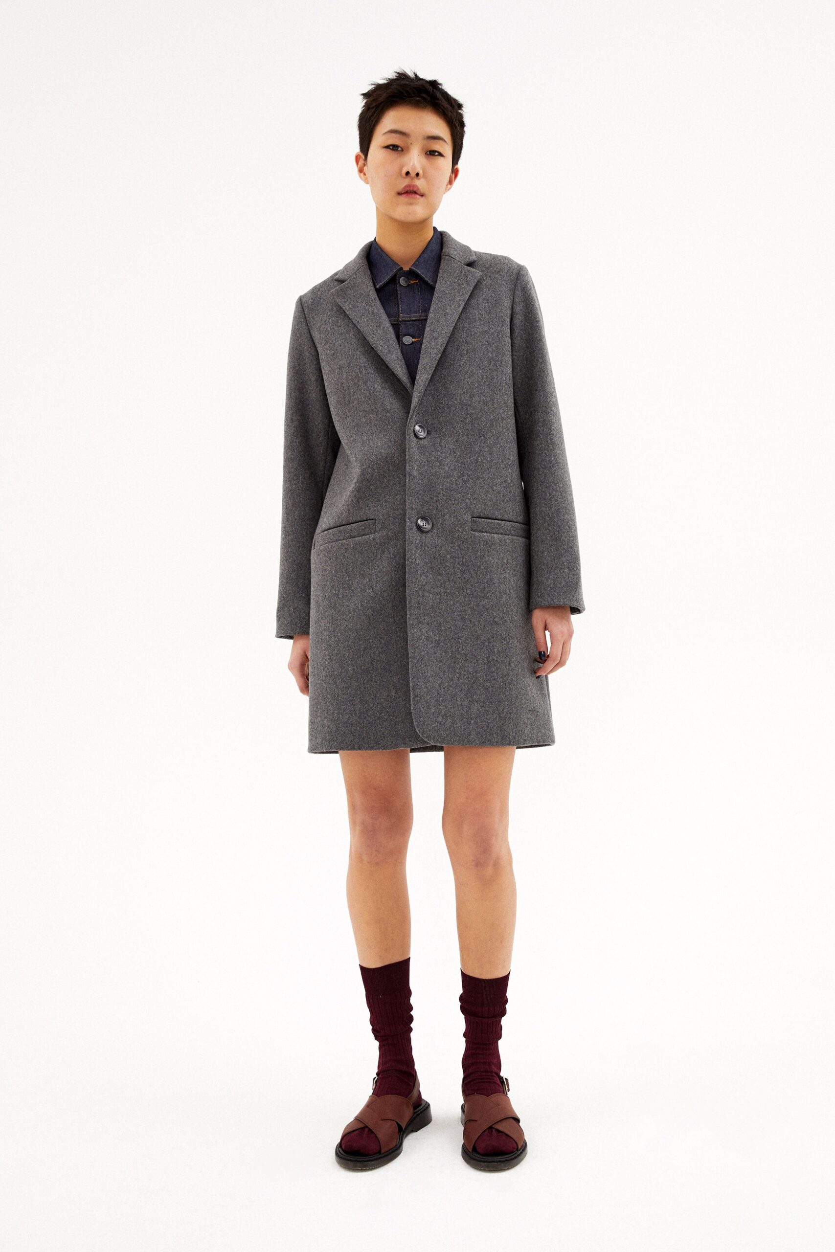 gray wool coat with blue shirt