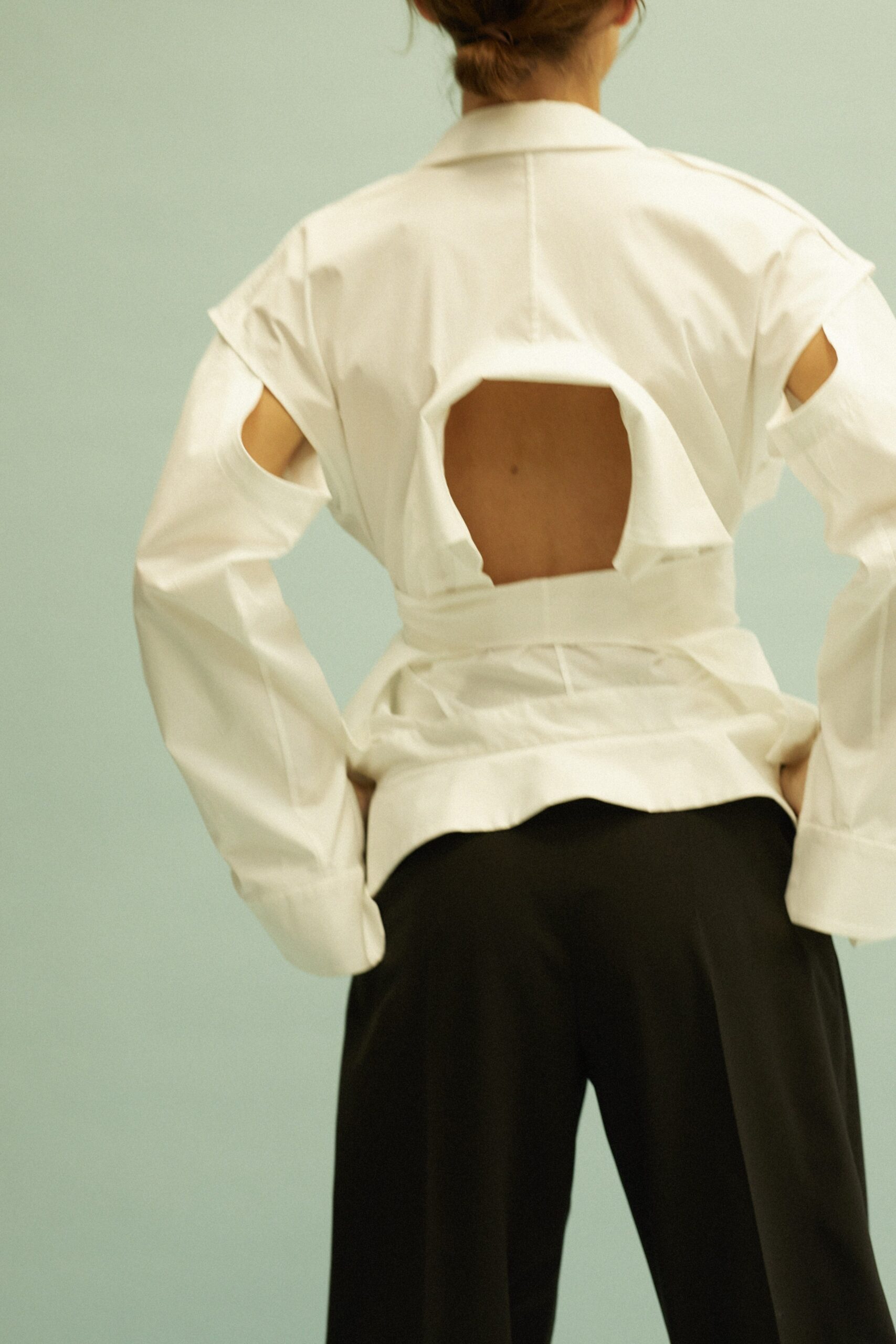 white cotton long-sleeve collared relaxed shirt