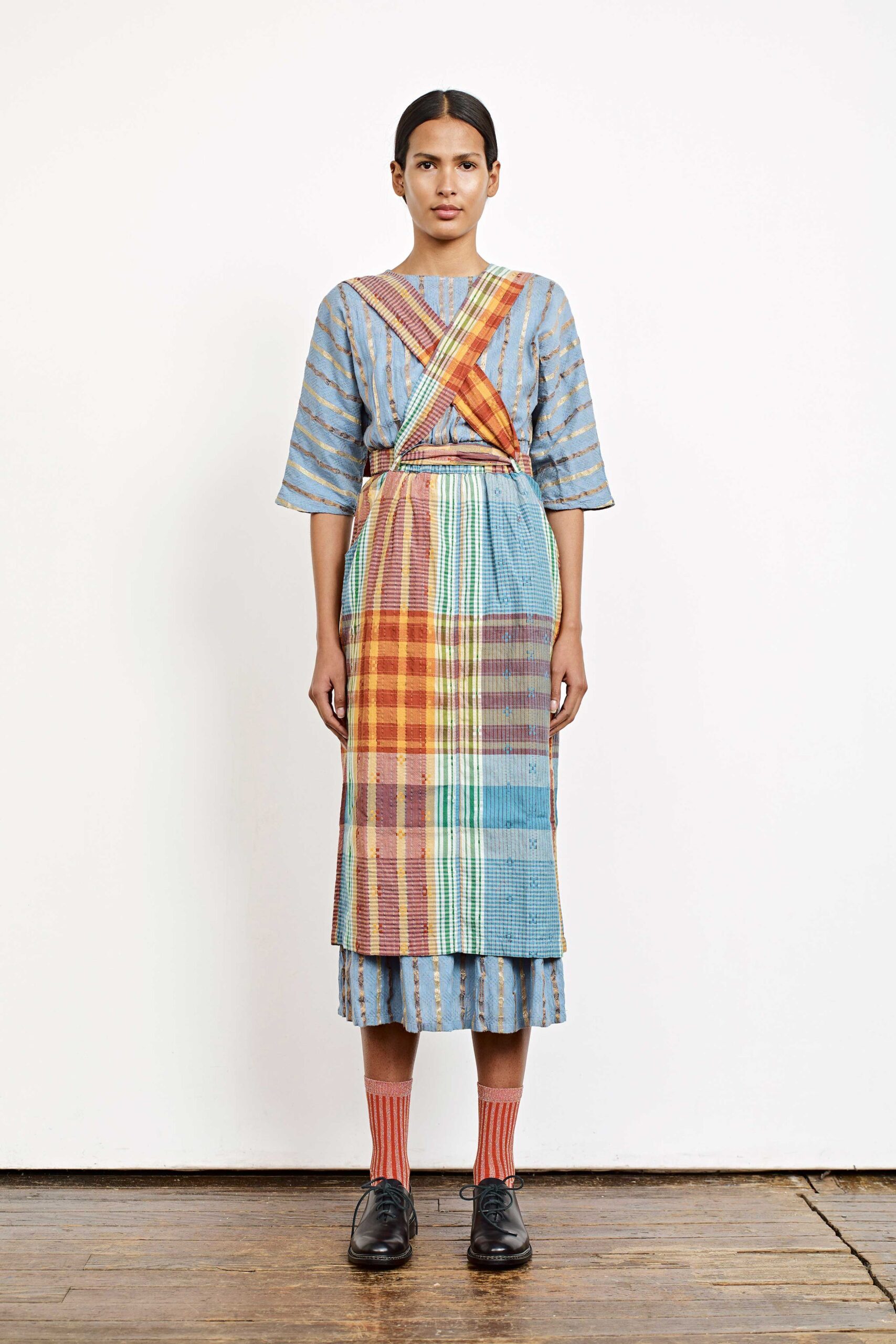 blue checked midi dress