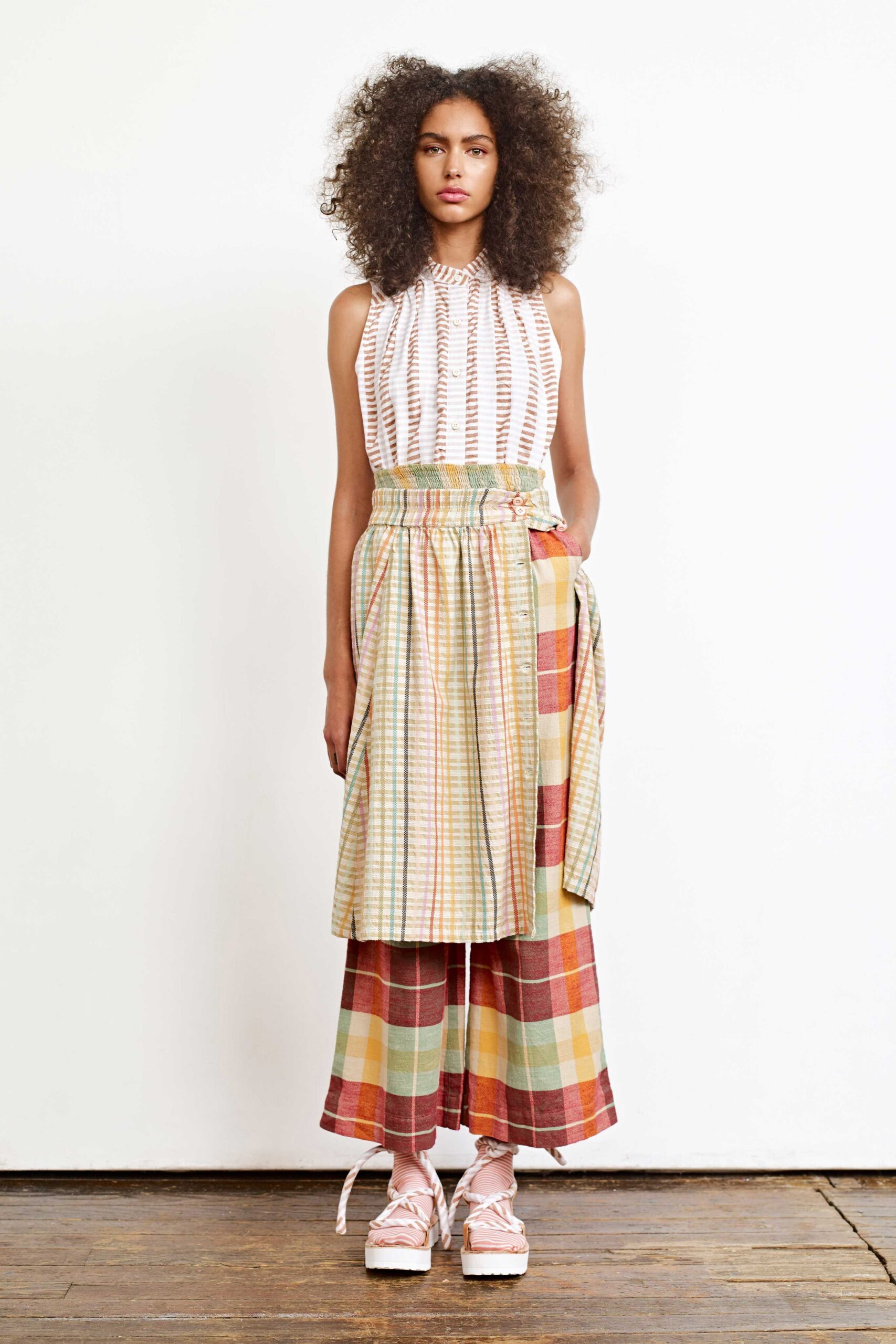 pleated top with multi-colored pants