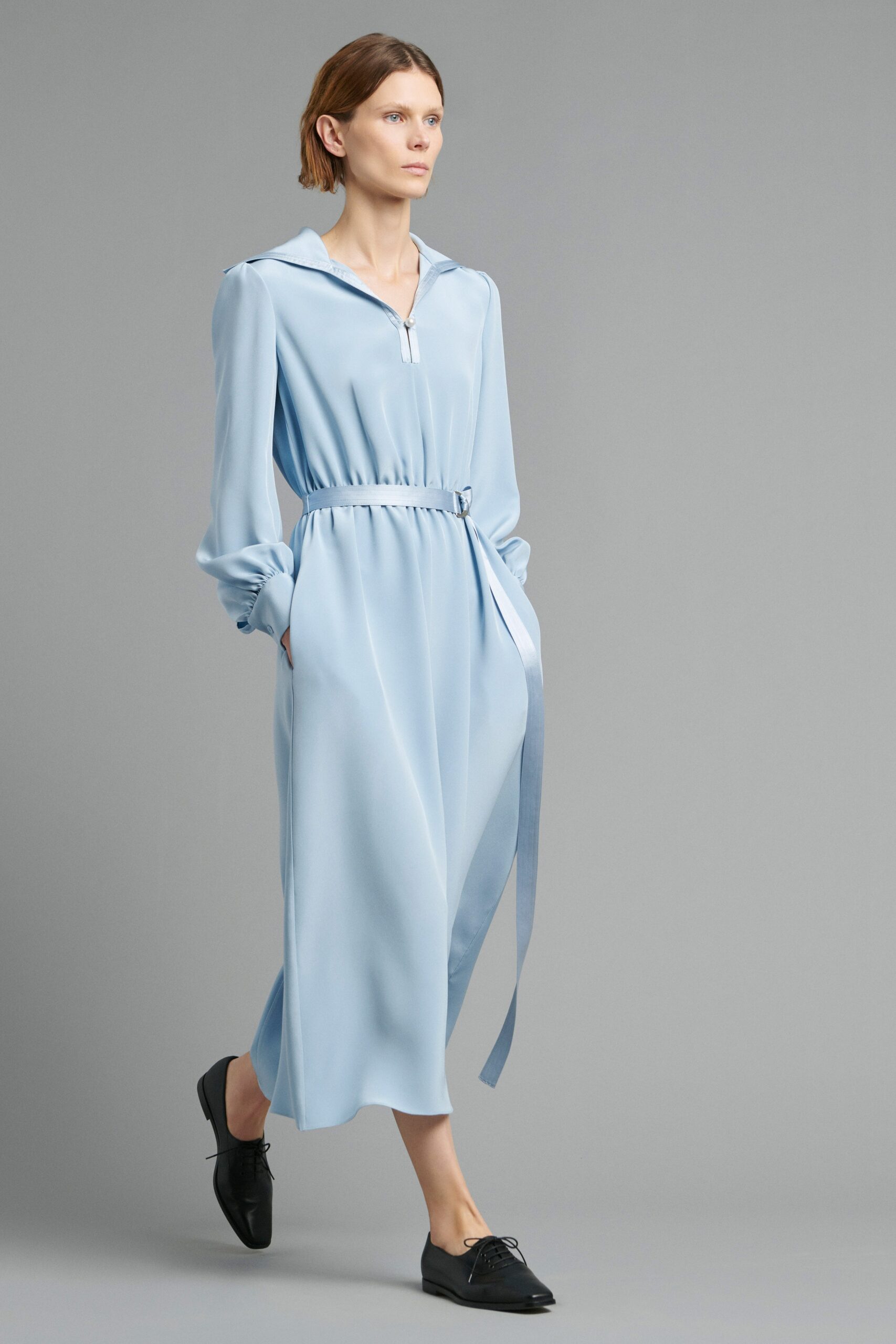 blue silk relaxed midi dress
