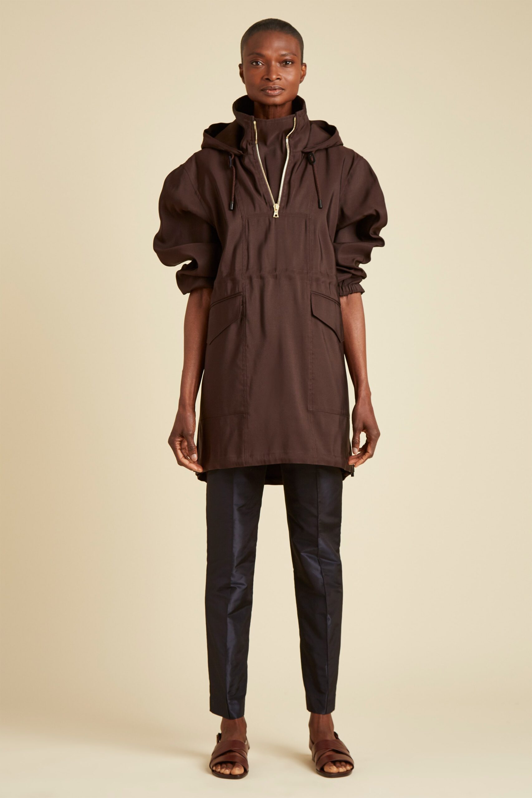 brown relaxed jacket with black pants
