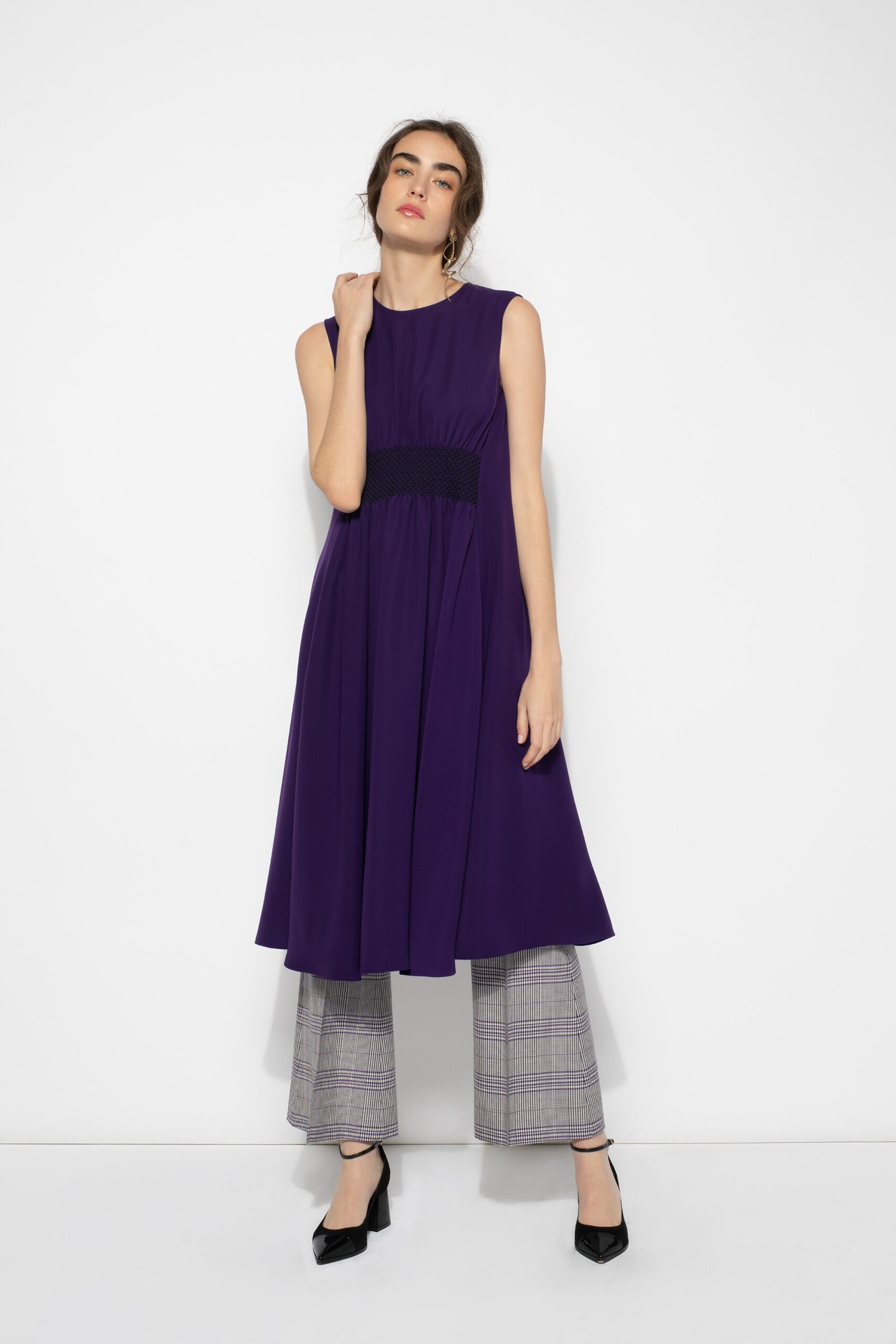purple cotton sleeveless high-neck fitted a-line pleated dress