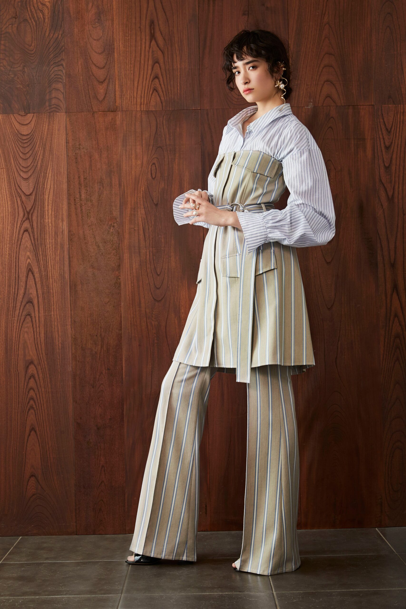 striped blouse and wide-leg pants