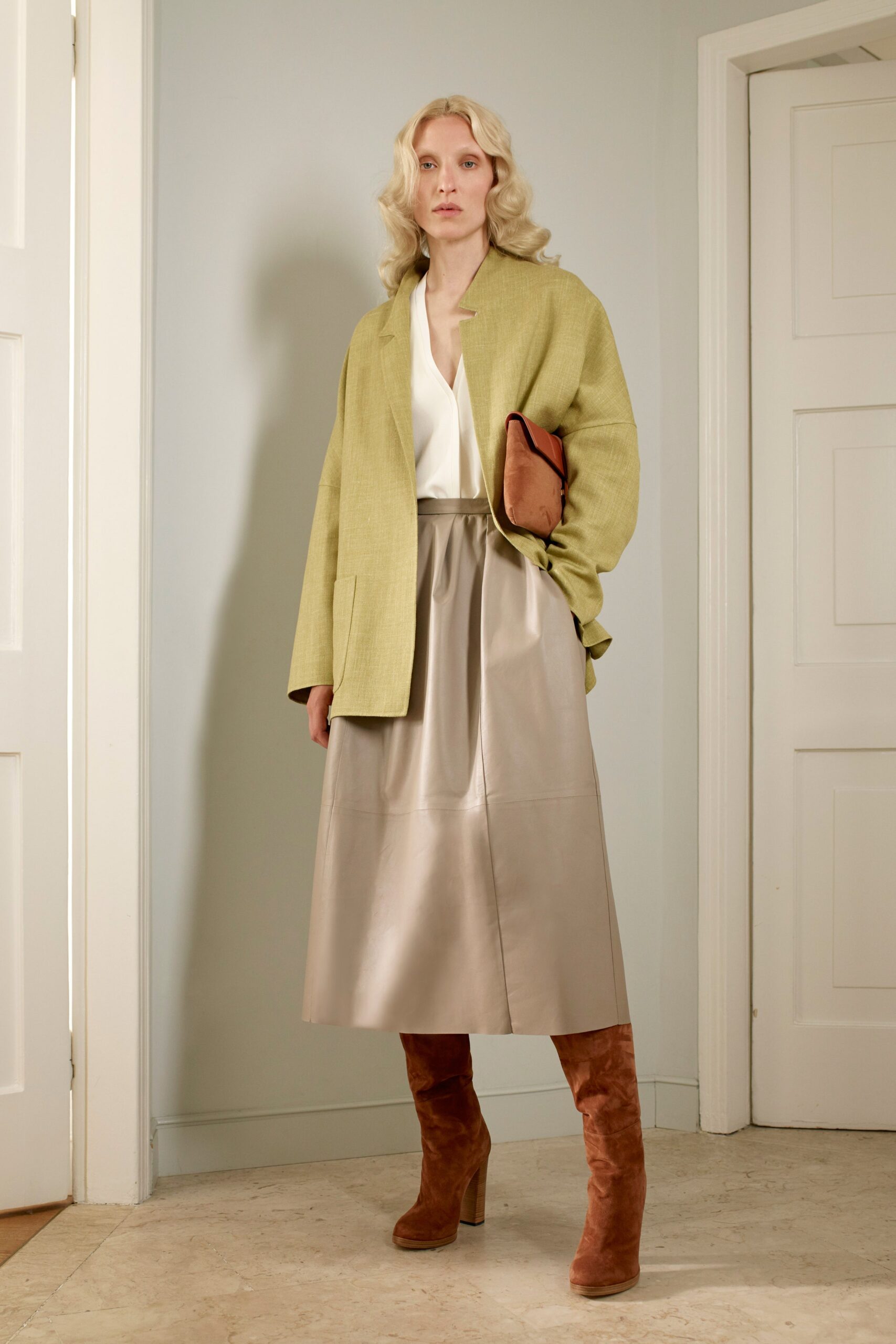 green cotton long-sleeve collared relaxed blazer