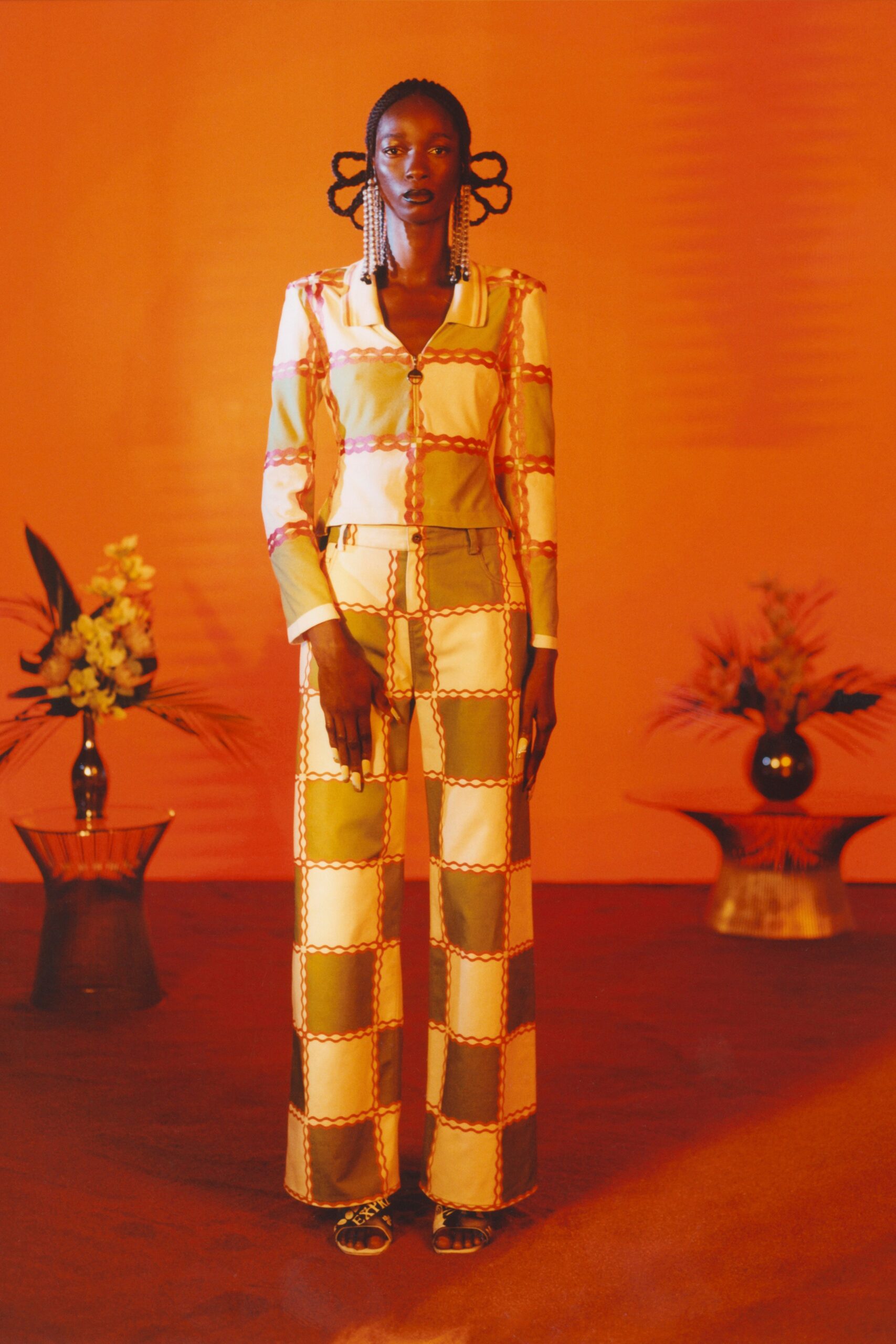 checked shirt and wide-leg pants