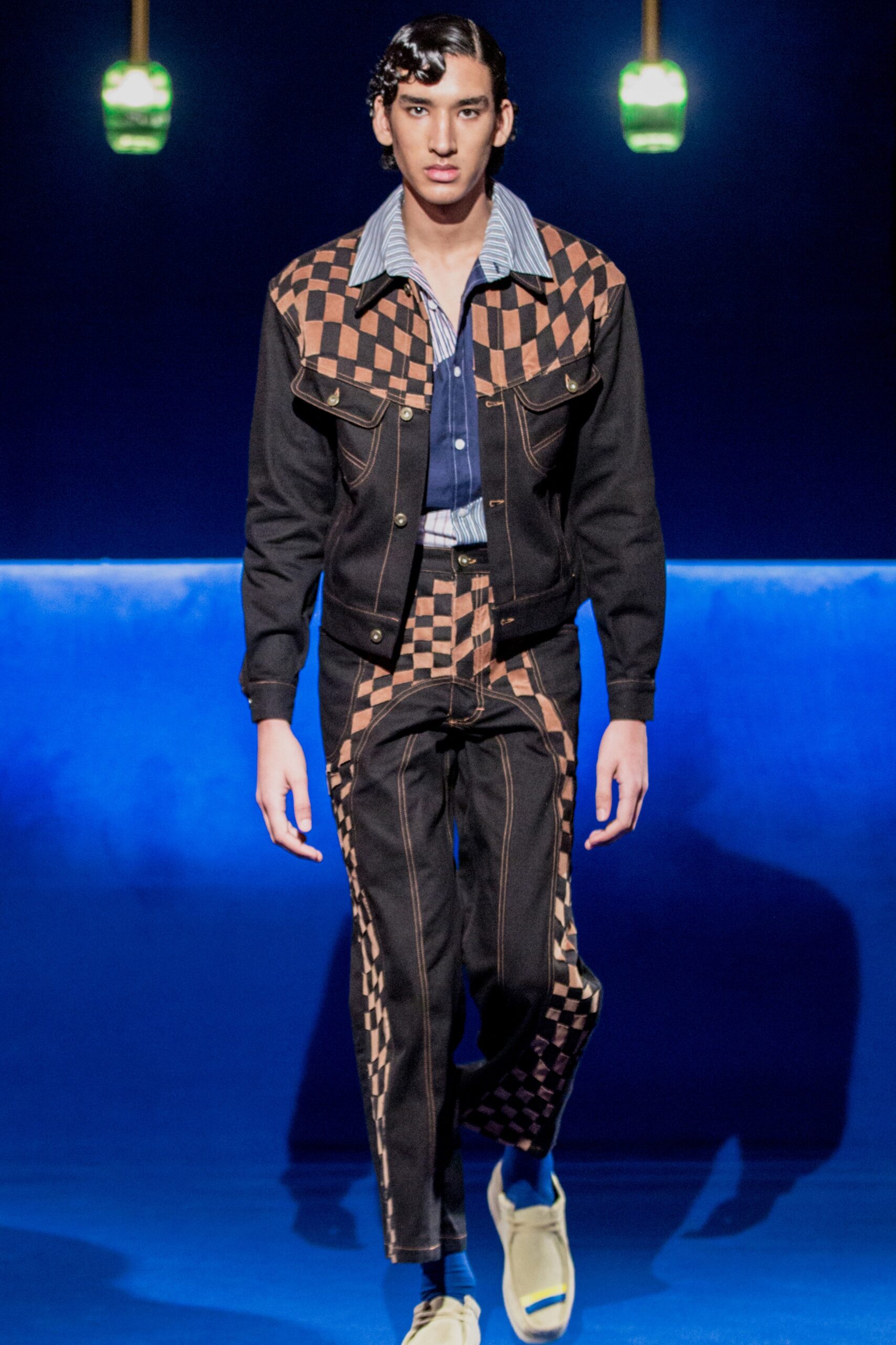 black and brown checkered jacket and pants
