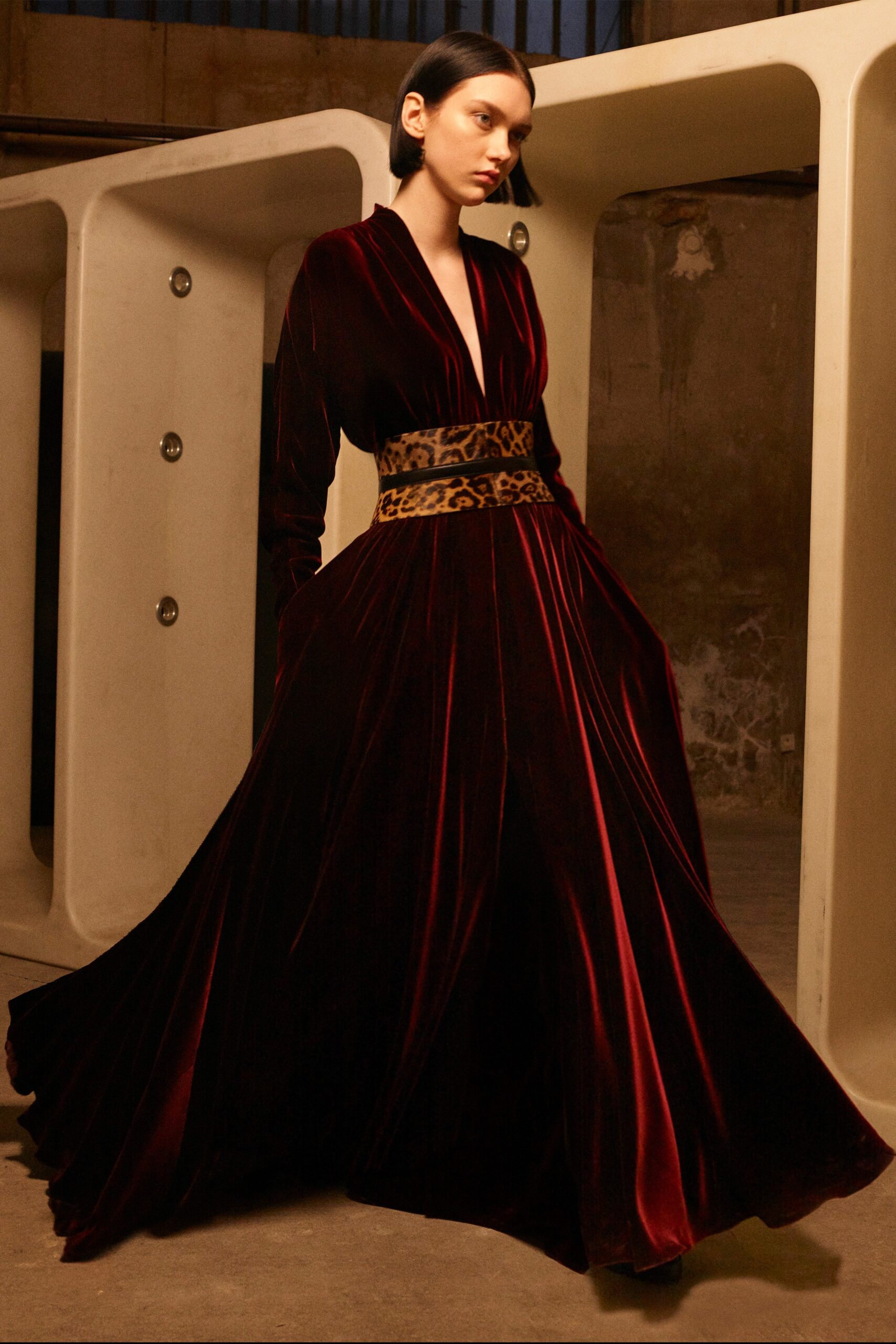 red velvet long-sleeve gown
