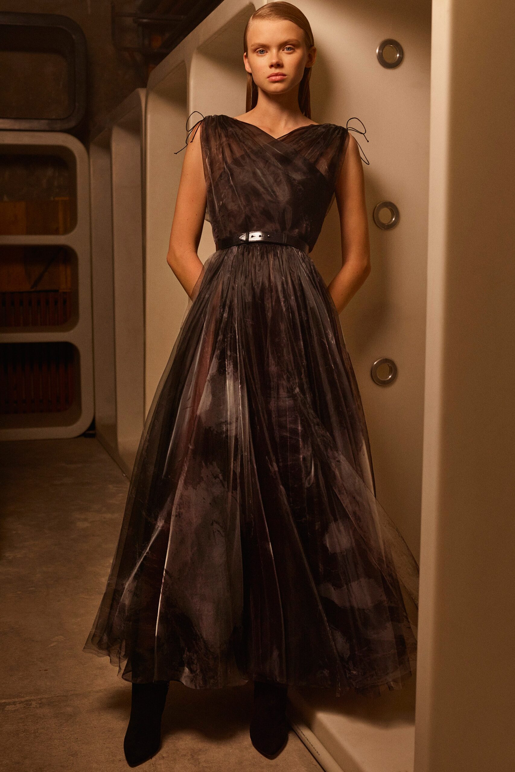 black tulle sleeveless gown