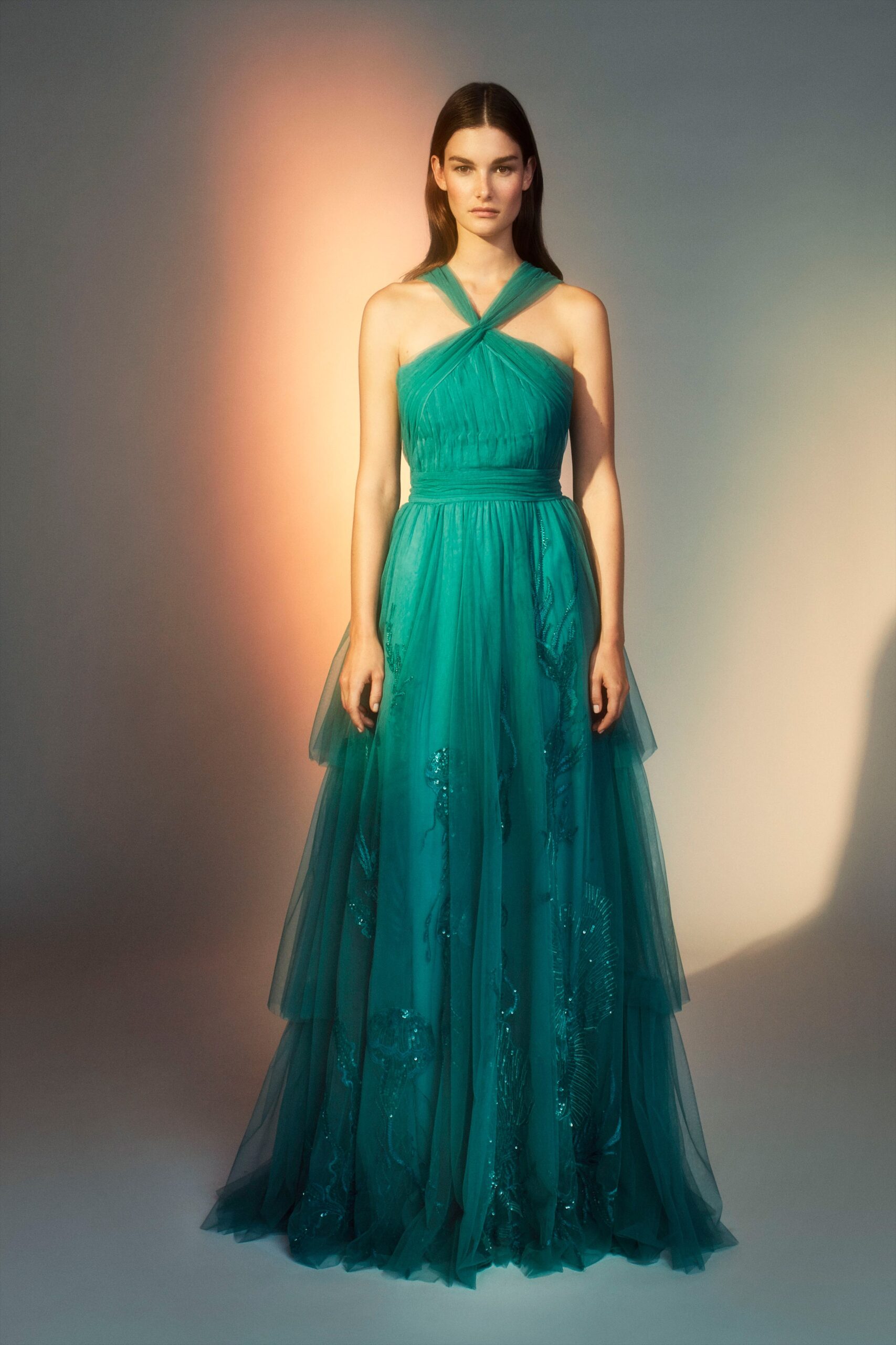 teal tulle halterneck gown