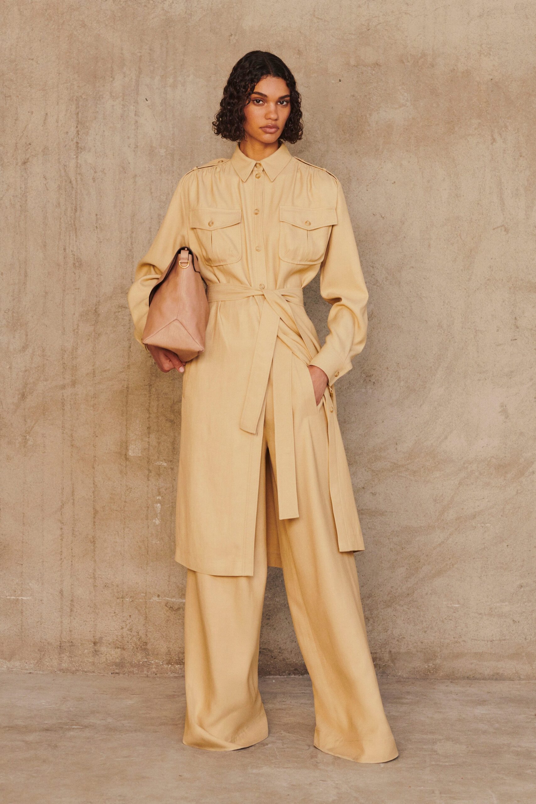 beige shirt-dress with wide-leg pants