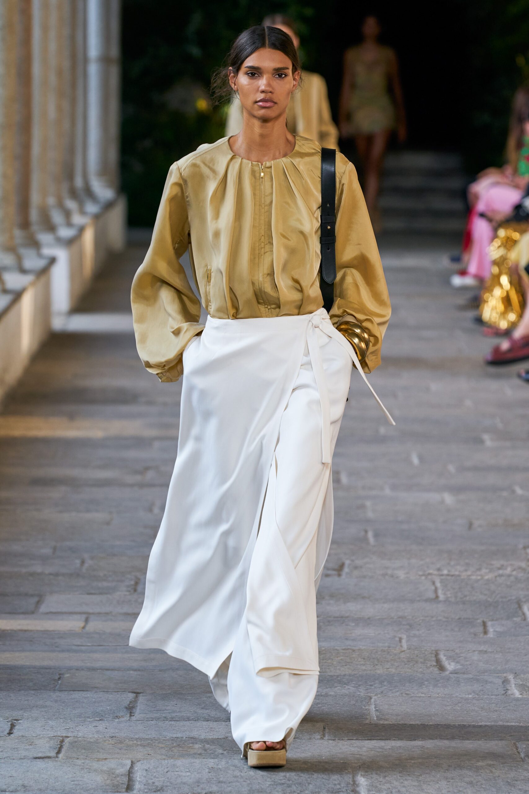 white silk asymmetric fitted high-waisted draped flowing skirt