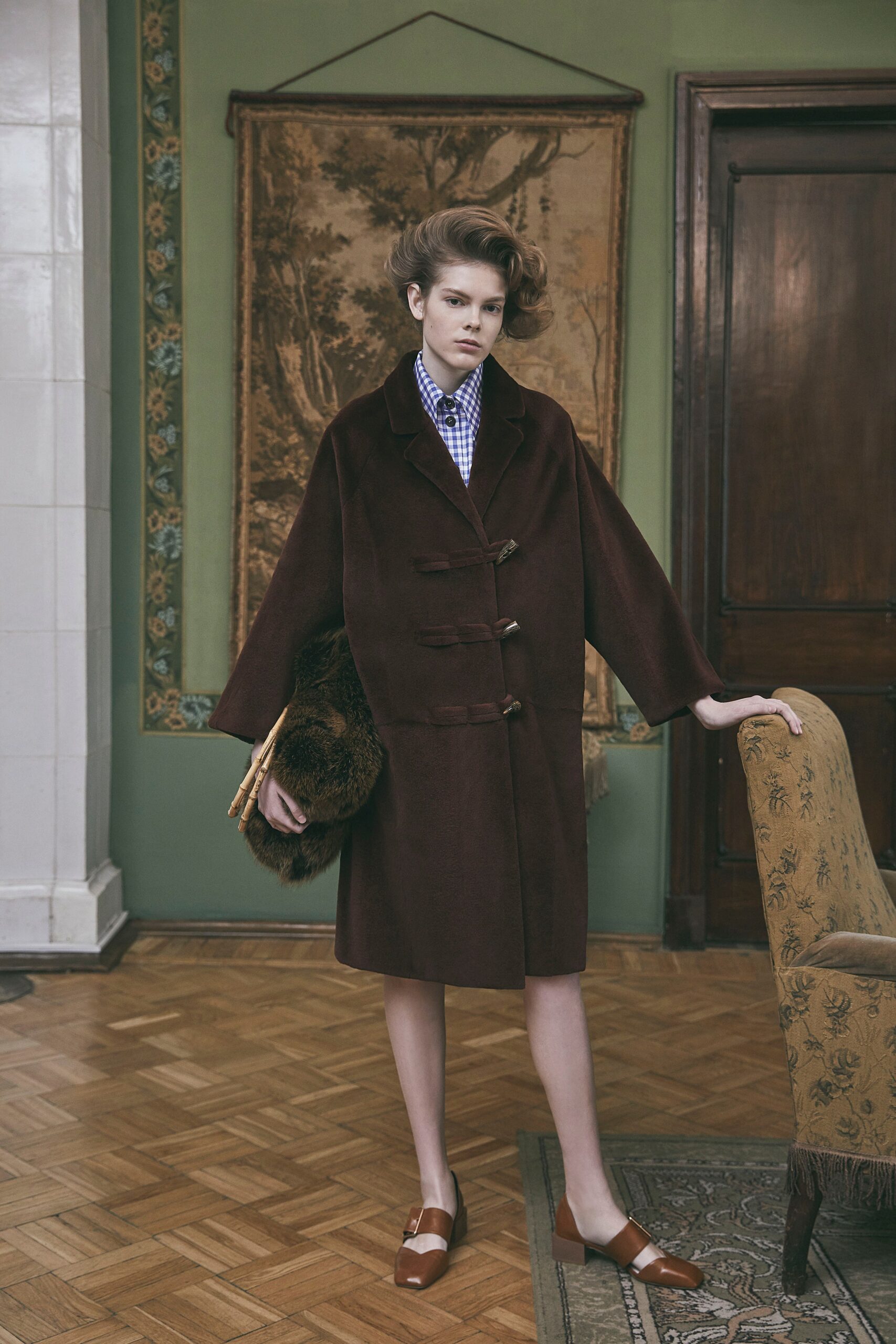 brown wool coat with checked shirt