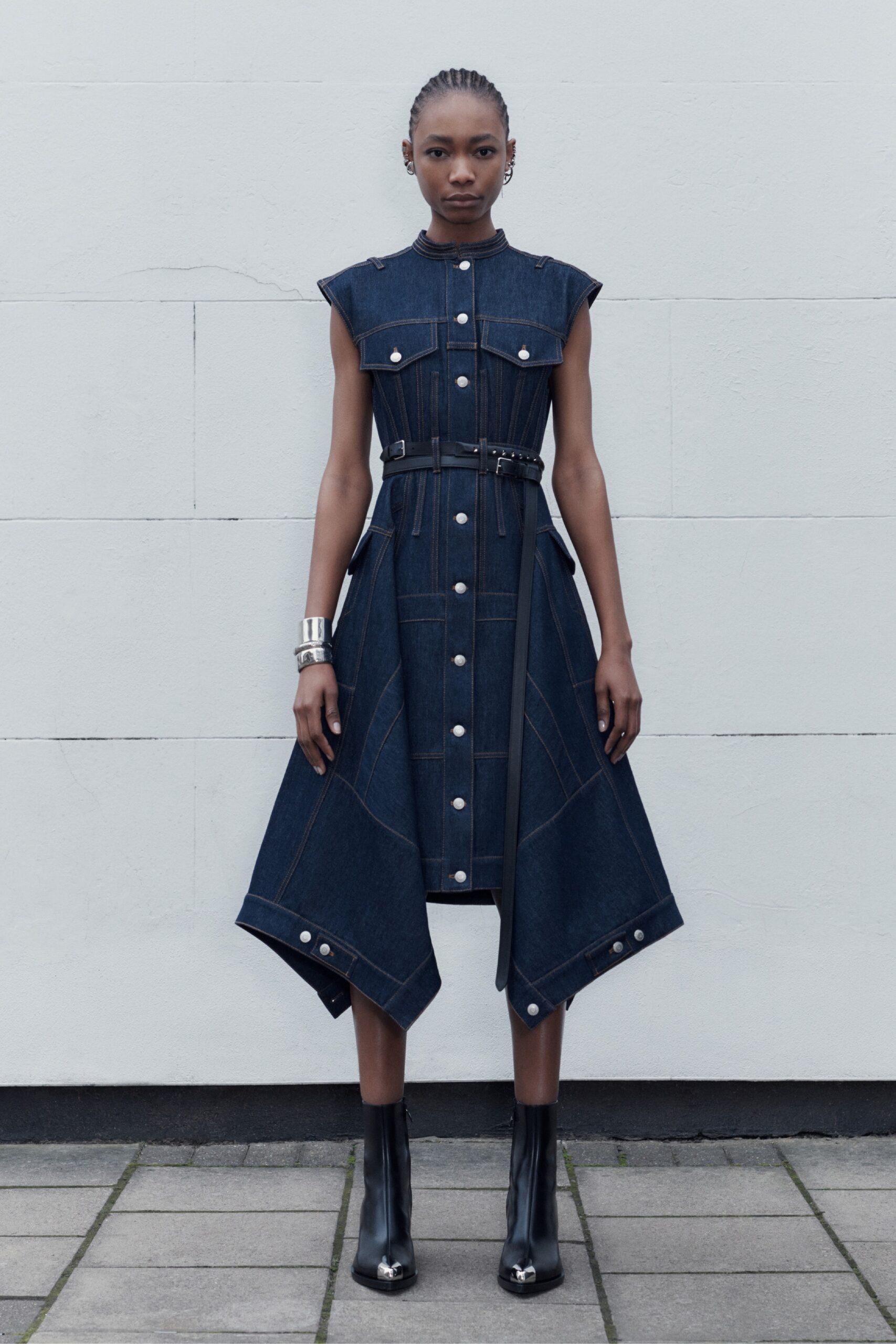 blue denim asymmetric dress with boots