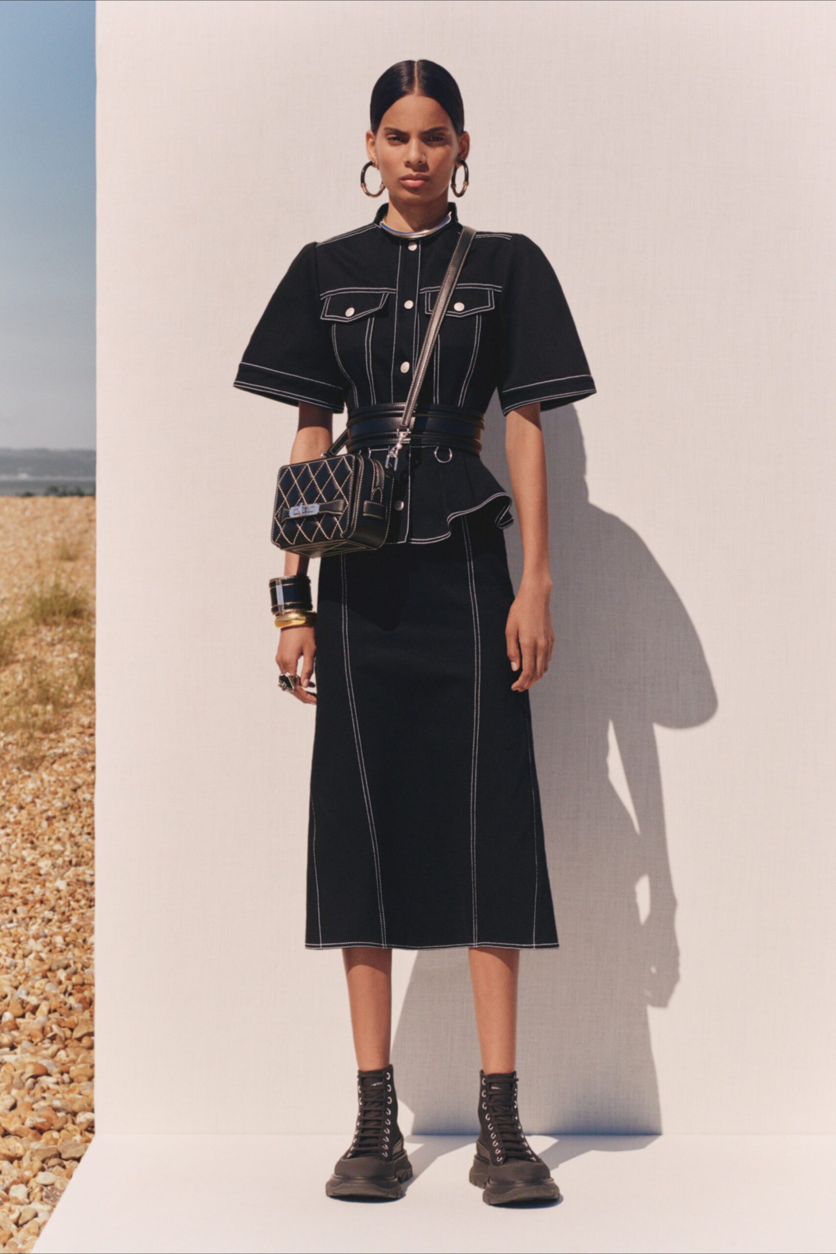 black denim short-sleeve collared fitted pencil midi dress