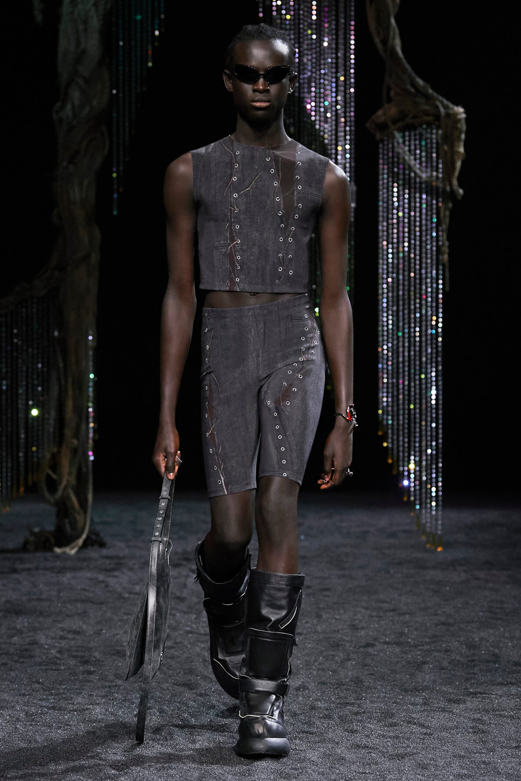 gray denim crop-top and shorts