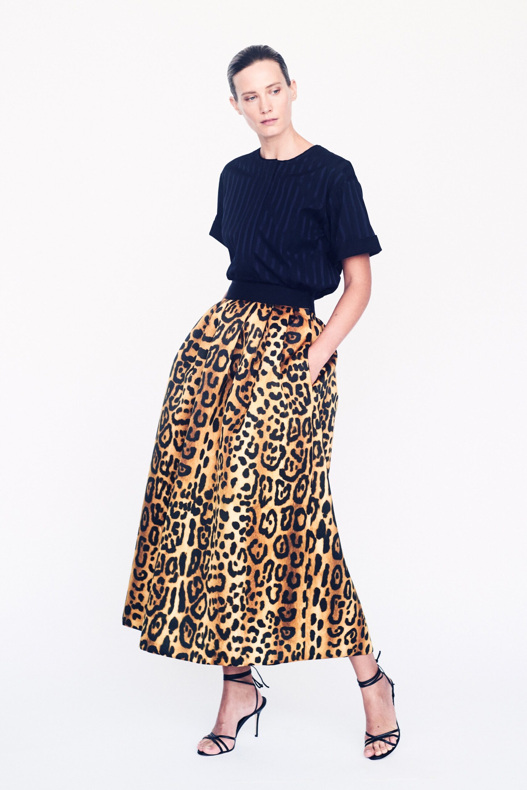 black striped top with leopard skirt