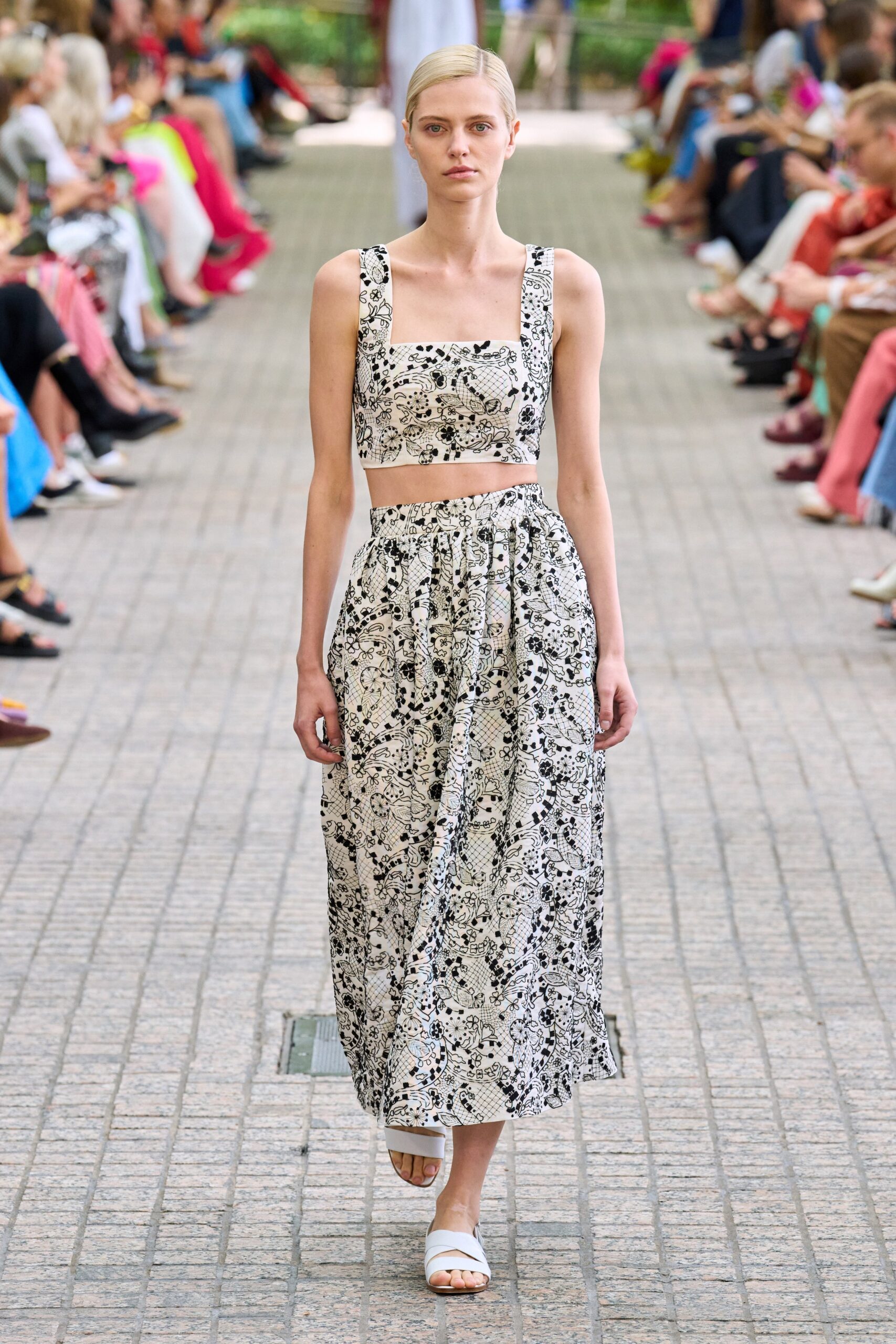 white cotton sleeveless square-neck fitted printed cropped crop-top