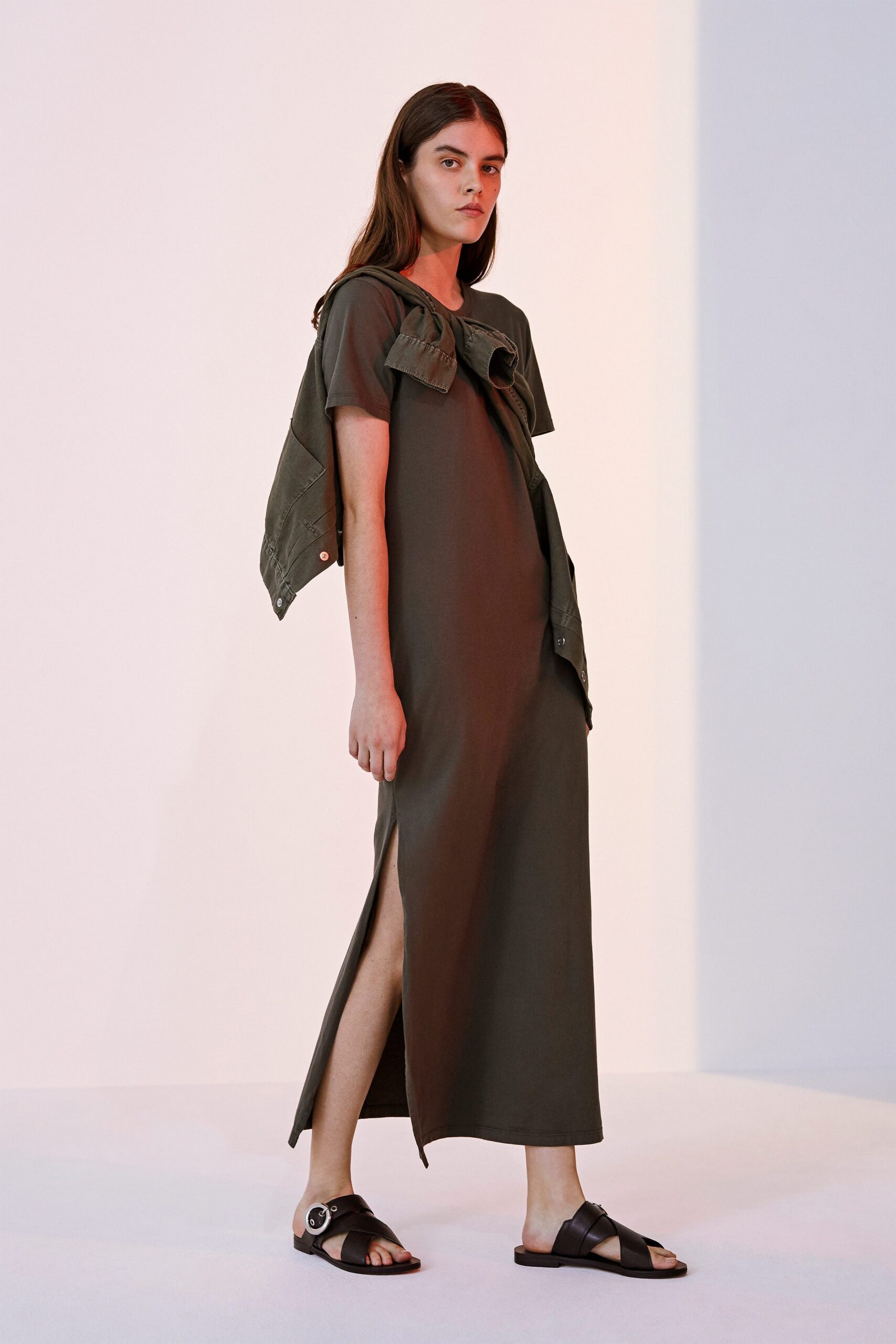 green cotton sleeveless v-neck fitted straight-leg maxi dress