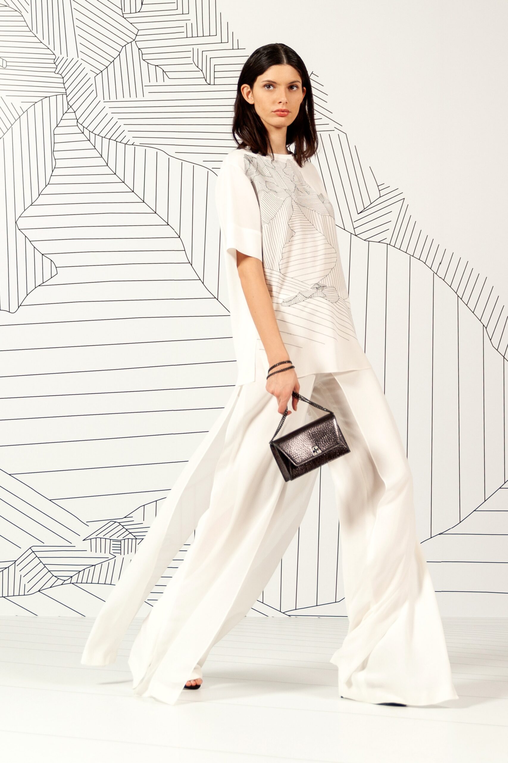 white silk top and pants