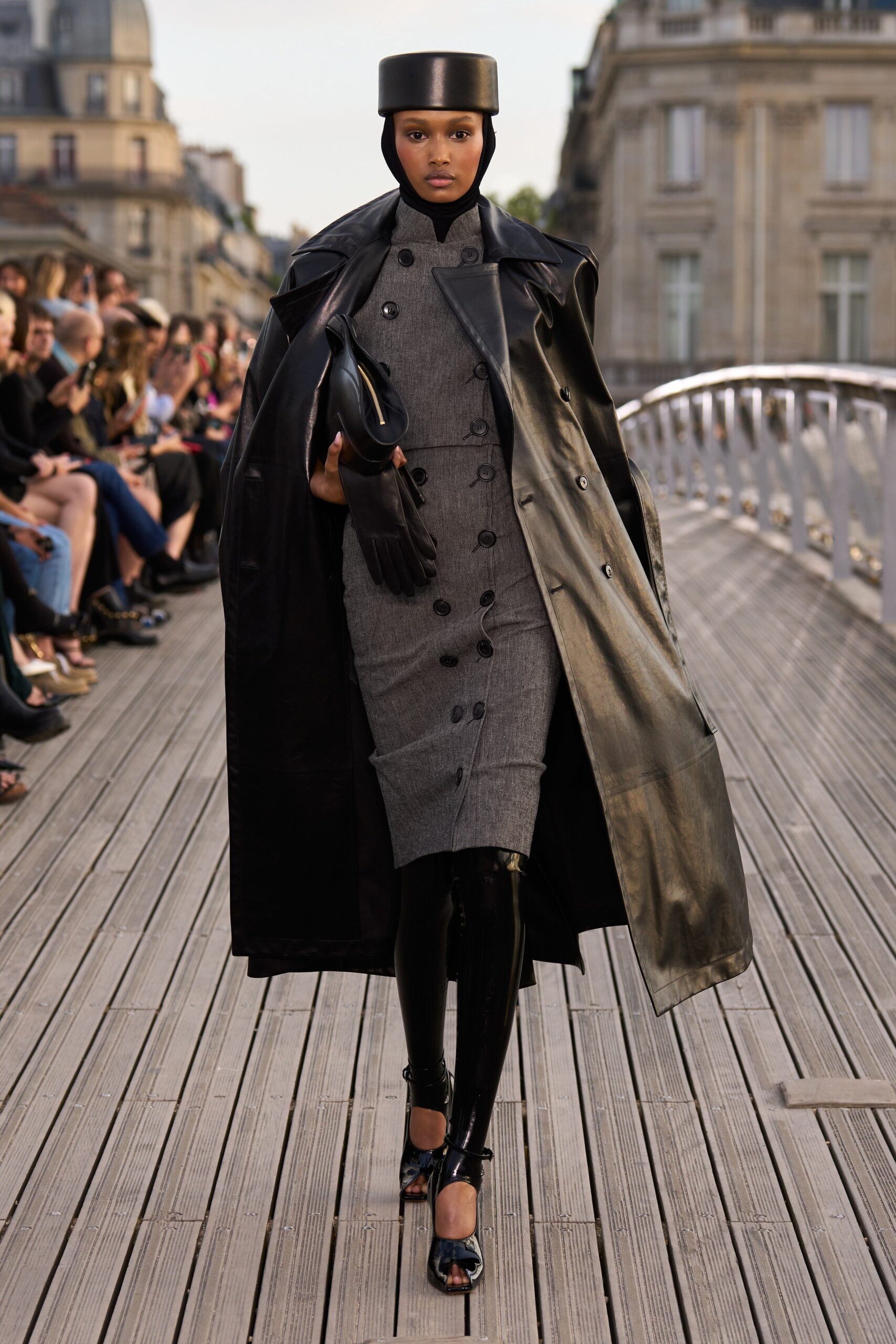 black leather long-sleeve double-breasted fitted buttoned coat