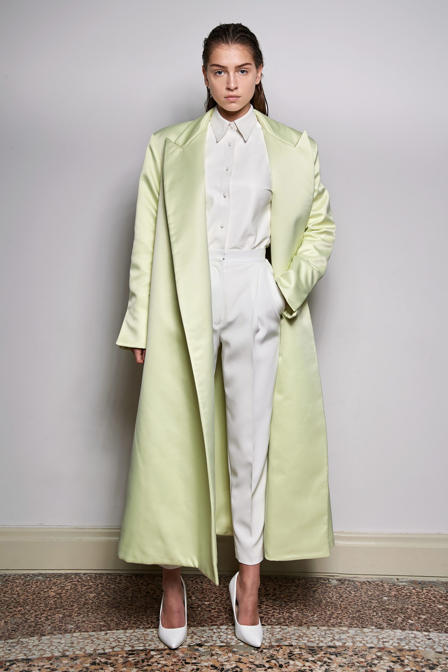 light green silk coat with white shirt and pants