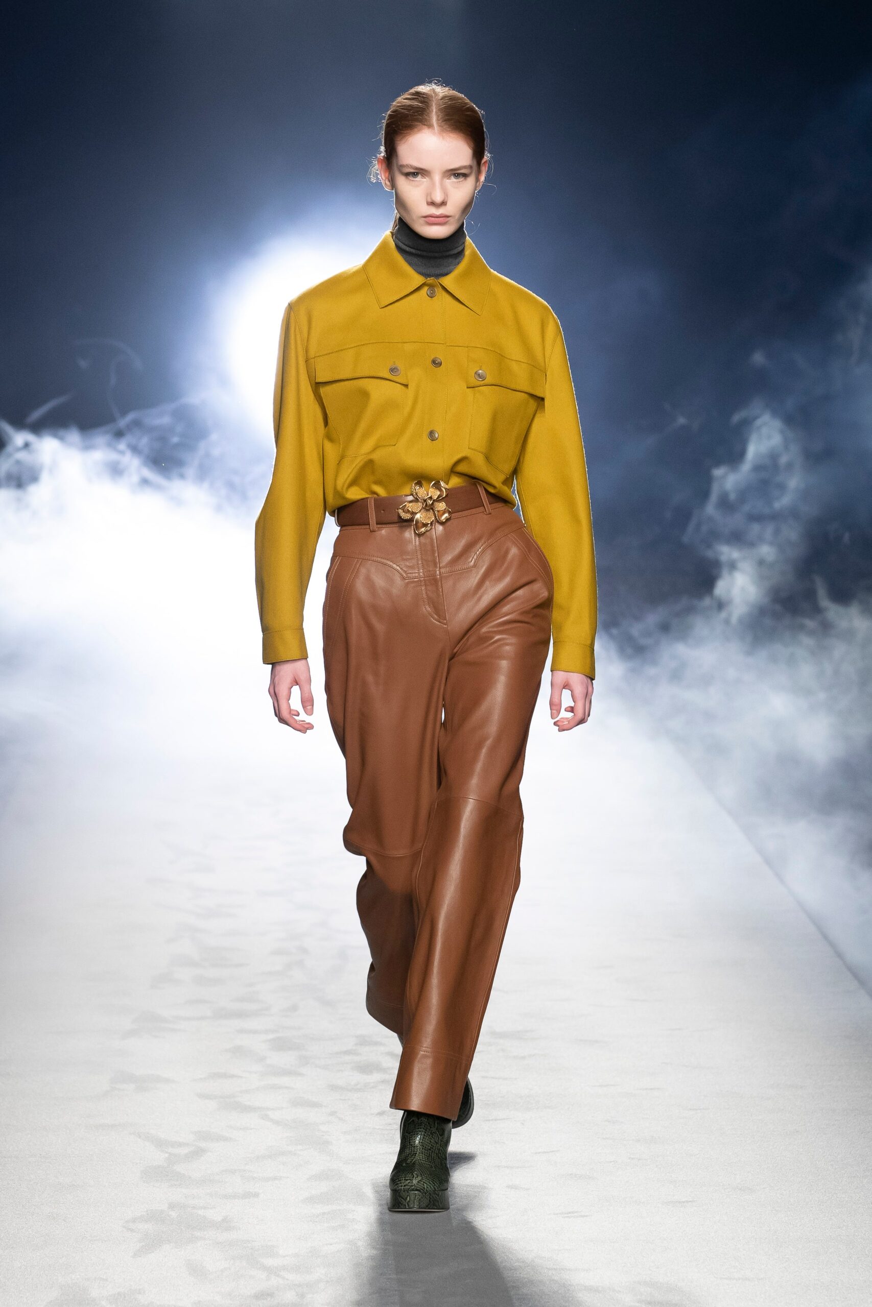 brown leather fitted straight-leg pants